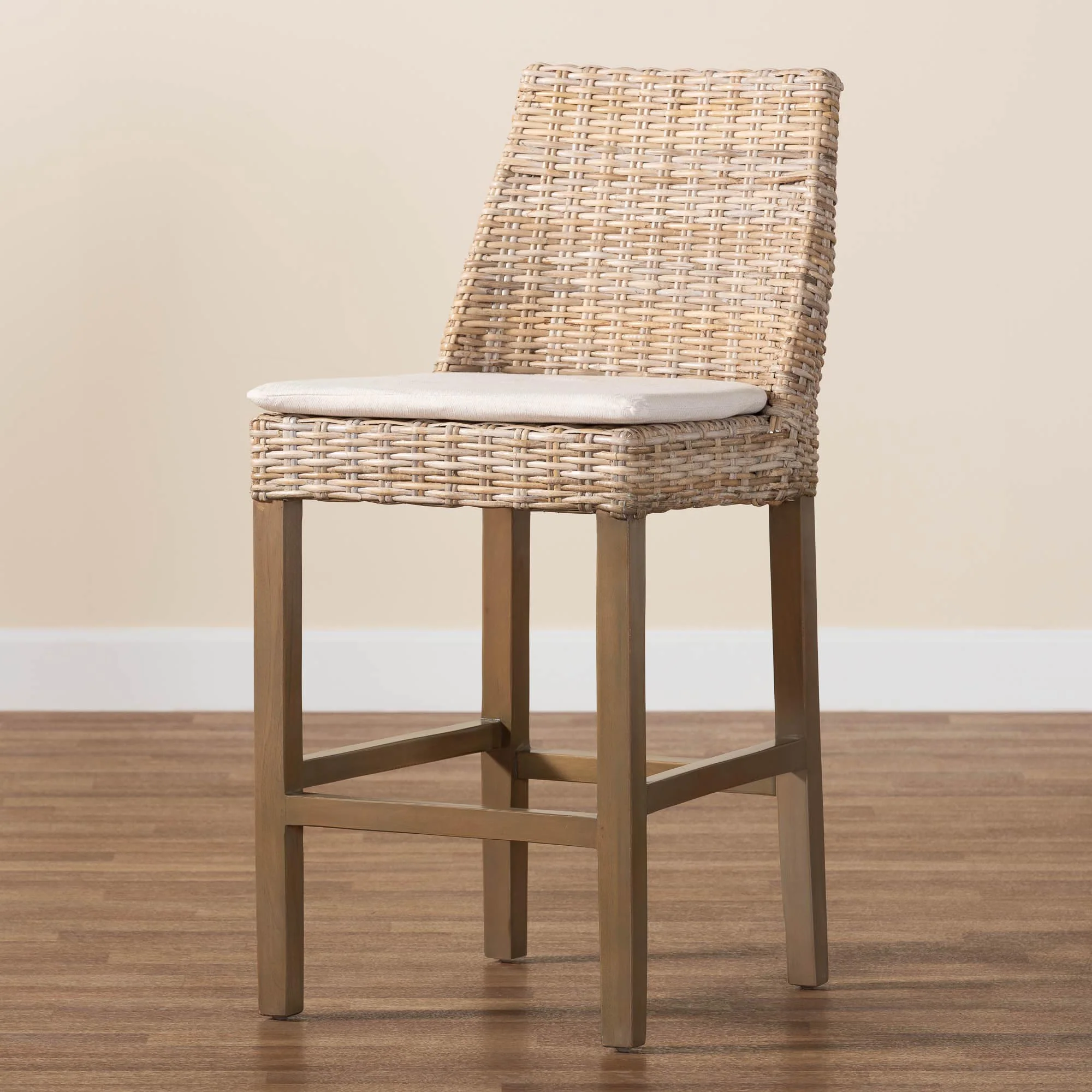 Baxton Studio bali & pari Toby Modern Bohemian Grey Kubu Rattan and Rustic Taupe Finished Mahogany Wood Counter Stool - Image 2