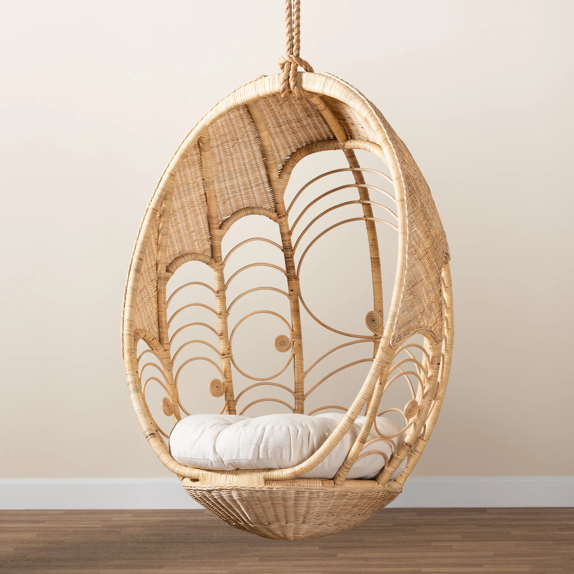 Baxton Studio bali & pari Umika Modern Bohemian Natural Brown Rattan Hanging Chair - Image 9