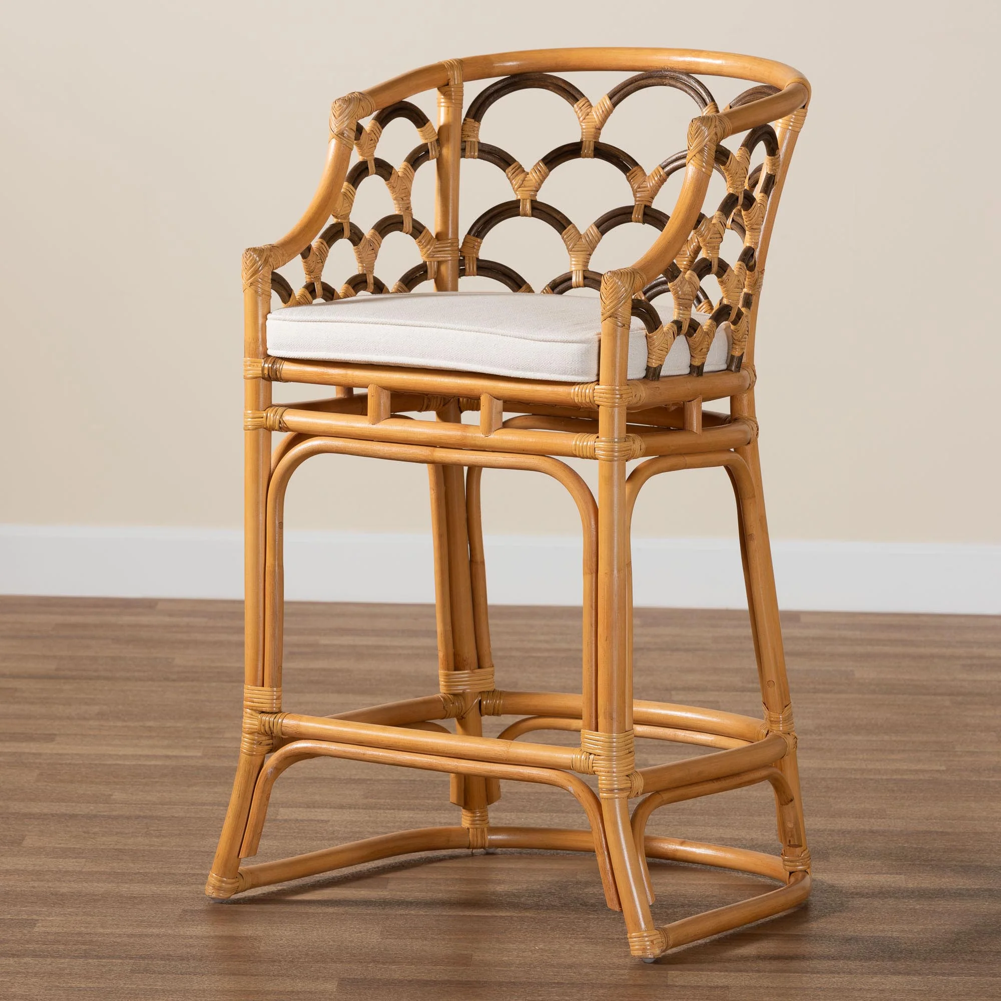 Baxton Studio bali & pari Veneto Modern Bohemian Light Honey and Dark Brown Rattan Bar Stool - Image 9