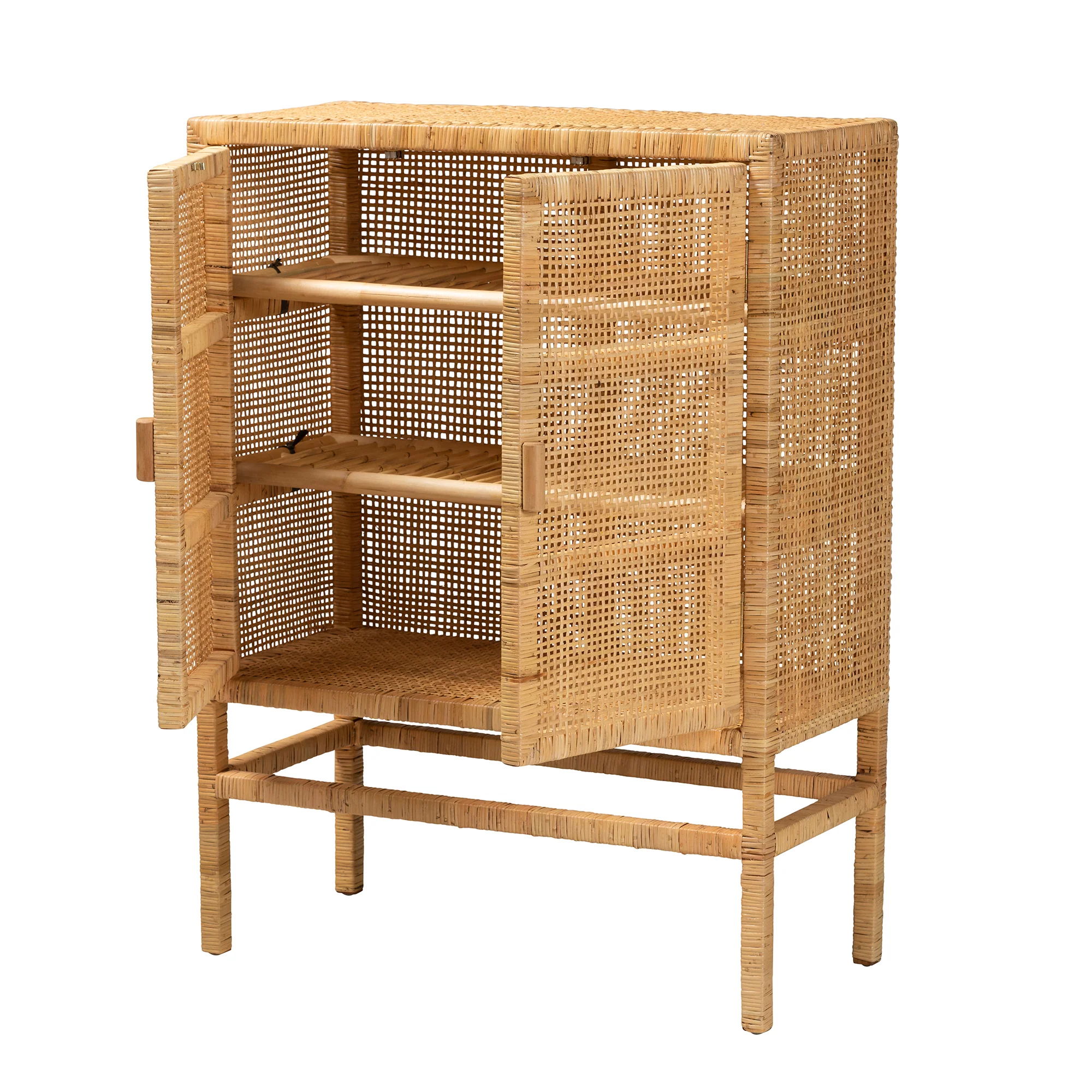 Baxton Studio bali & pari Vivan Modern Bohemian Natural Brown Rattan and Mahogany Wood 3-Shelf Storage Cabinet - Image 3