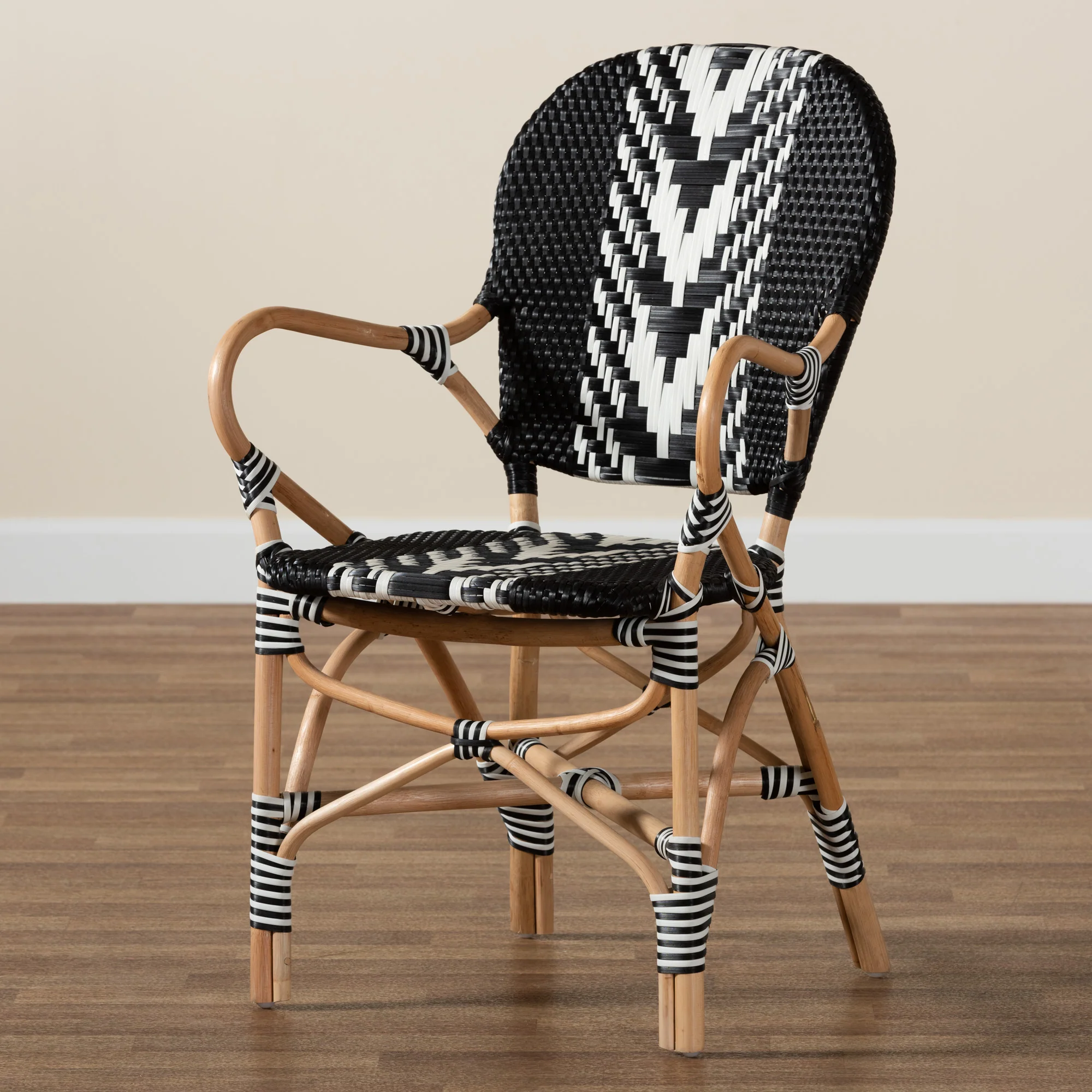 Baxton Studio bali & pari Wallis Modern French Two-Tone Black and White Weaving and Natural Rattan Indoor Dining Chair - Image 2