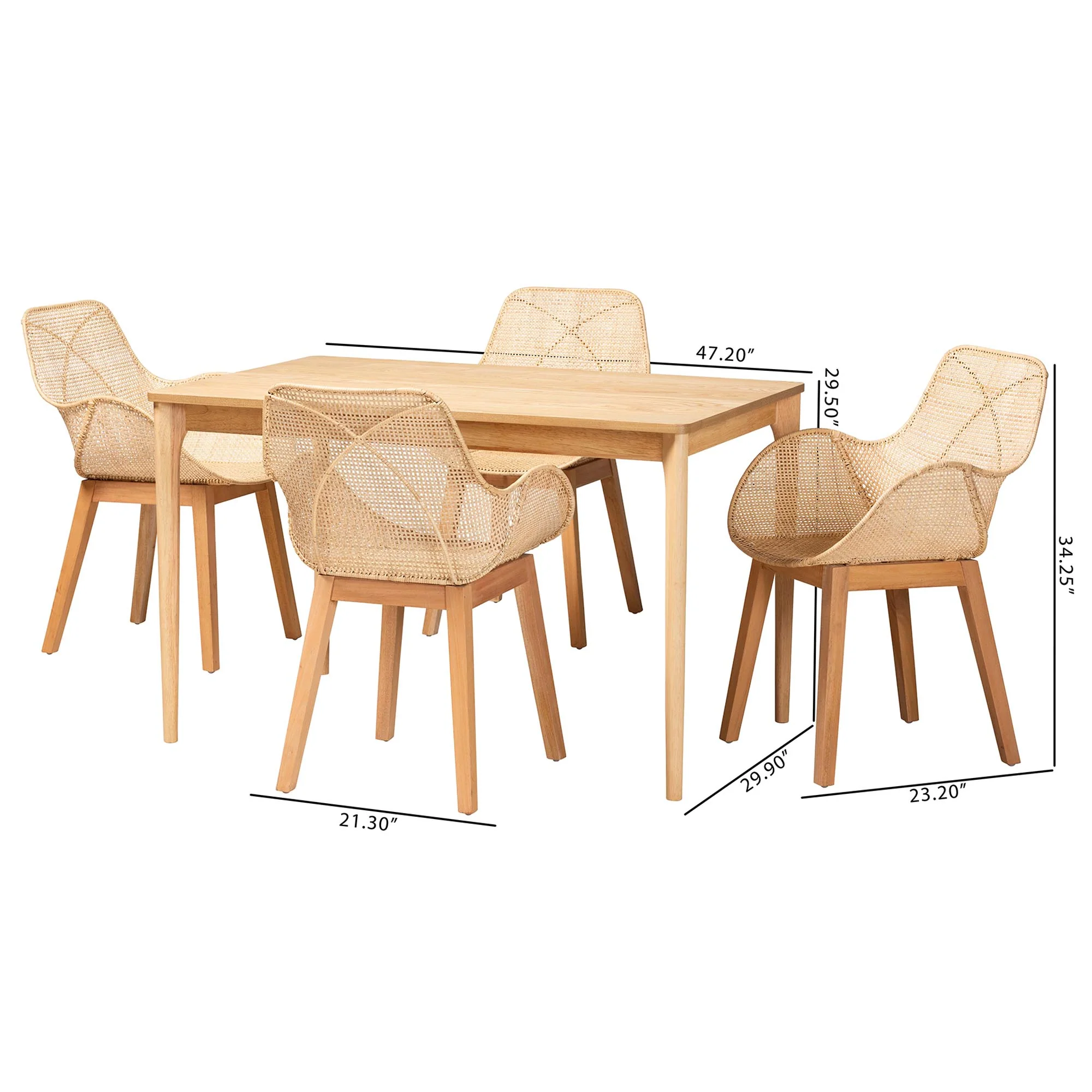 Baxton Studio Ballerina Japandi Natural Brown Mahogany Wood and Rattan 5-Piece Dining Set - Image 10