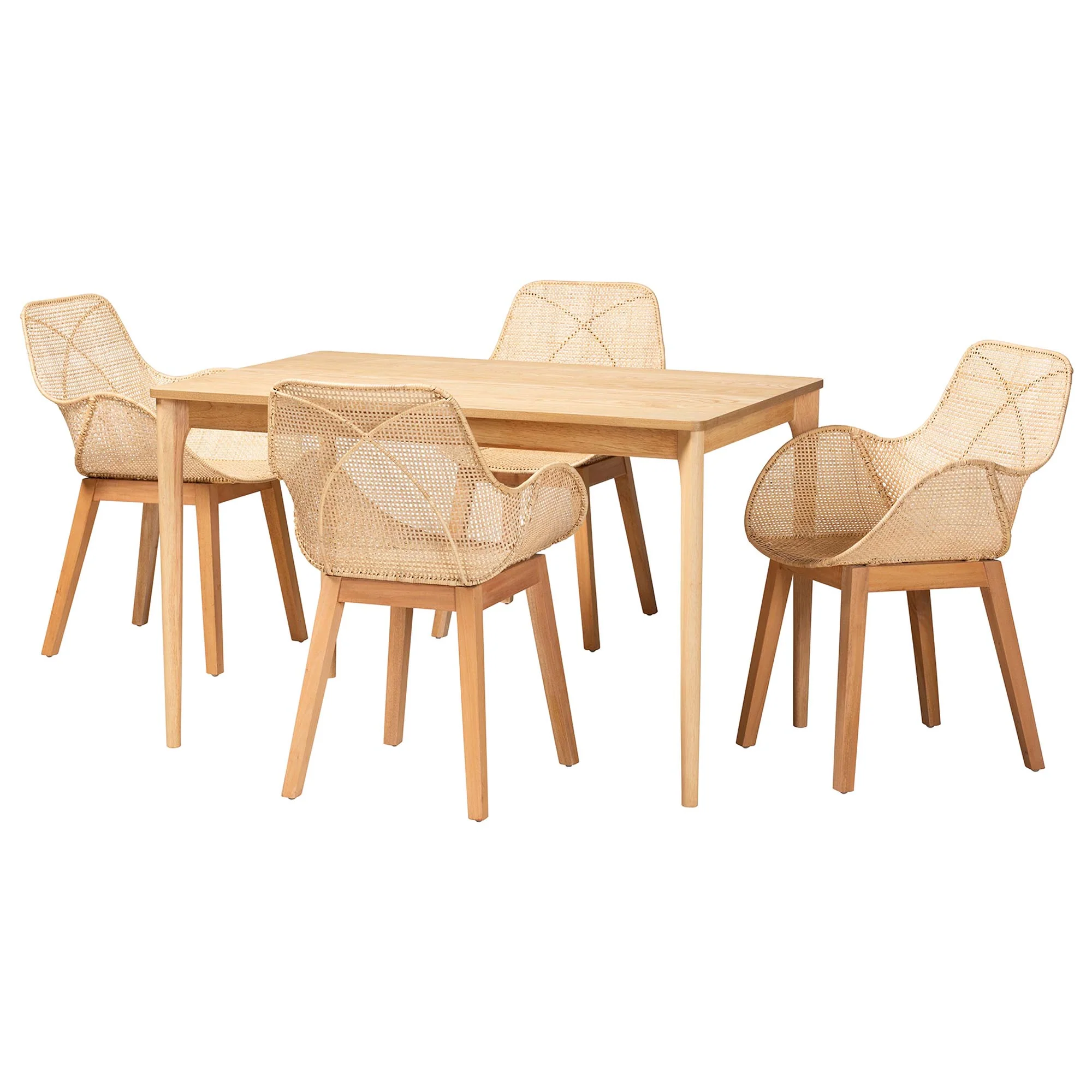 Baxton Studio Ballerina Japandi Natural Brown Mahogany Wood and Rattan 5-Piece Dining Set - Image 2