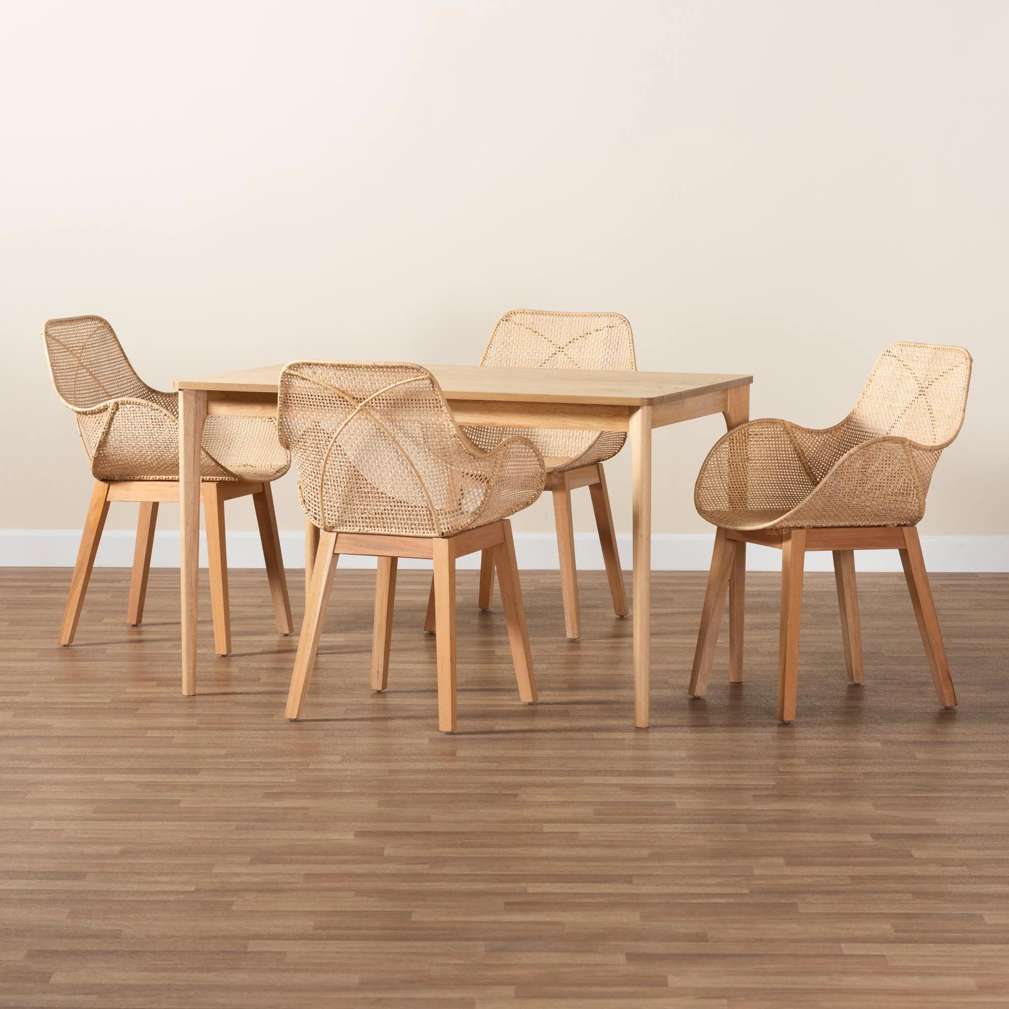 Baxton Studio Ballerina Japandi Natural Brown Mahogany Wood and Rattan 5-Piece Dining Set - Image 9