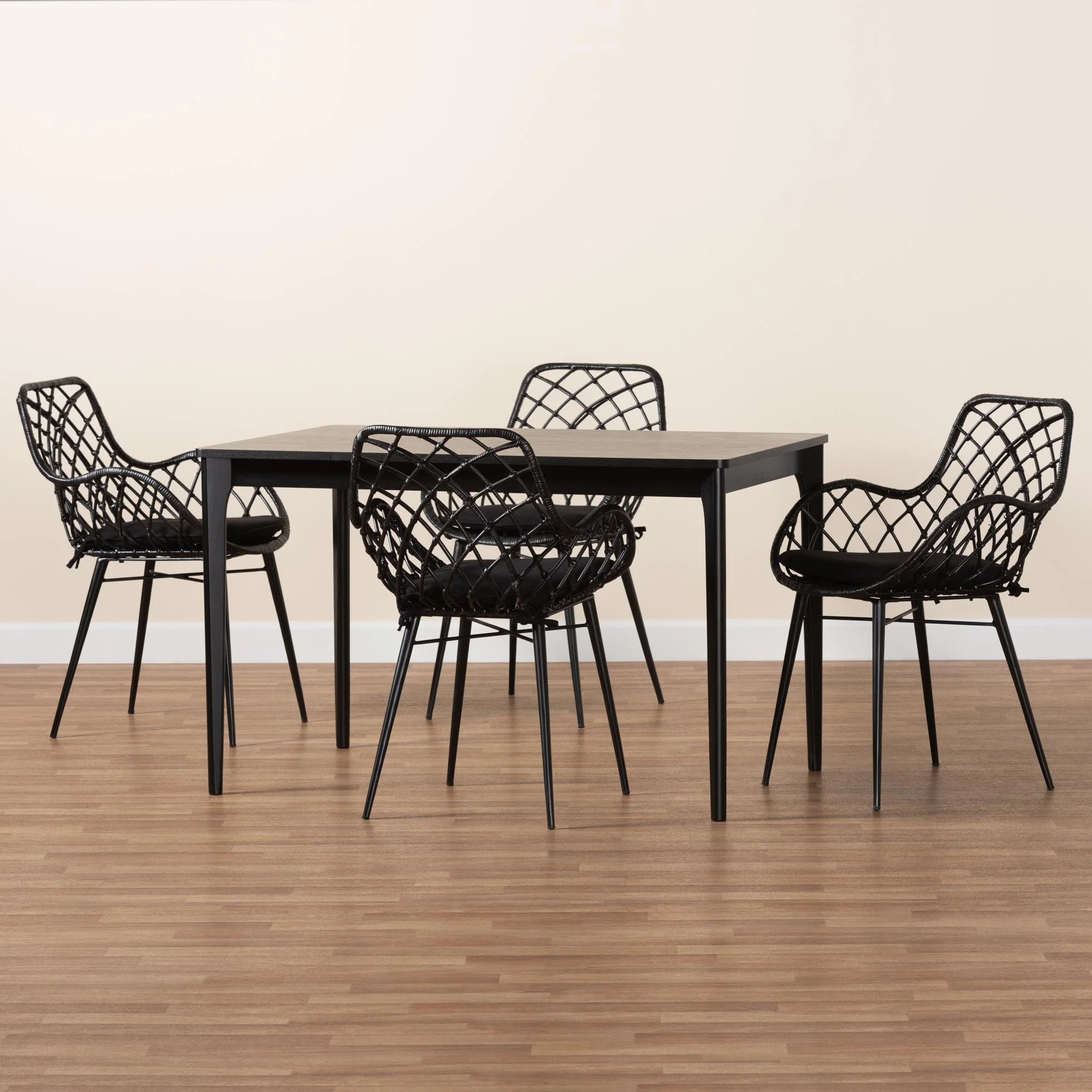 Baxton Studio Ballerina Modern Bohemian Black Finished Wood and Rattan 5-Piece Dining Set - Image 2