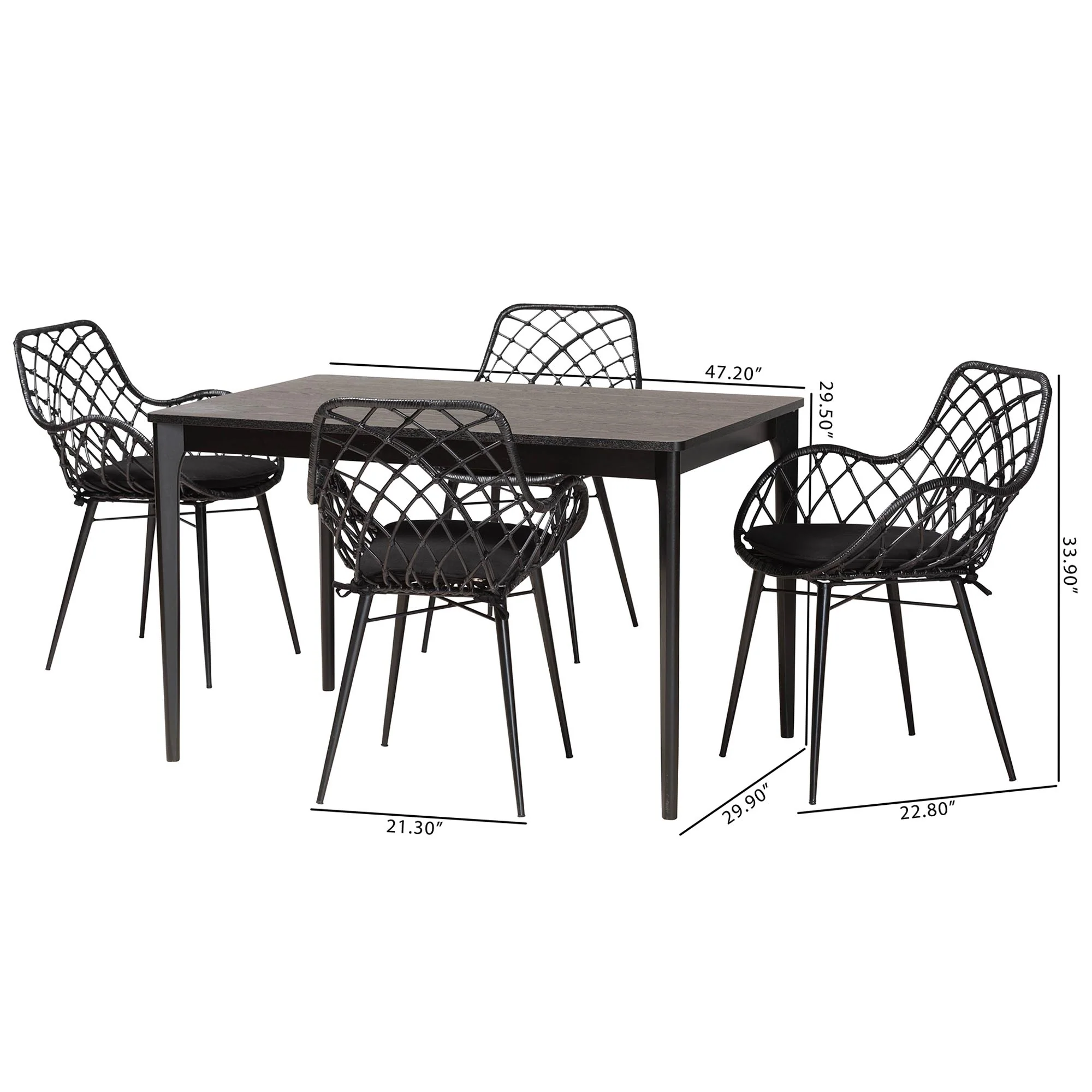 Baxton Studio Ballerina Modern Bohemian Black Finished Wood and Rattan 5-Piece Dining Set - Image 3