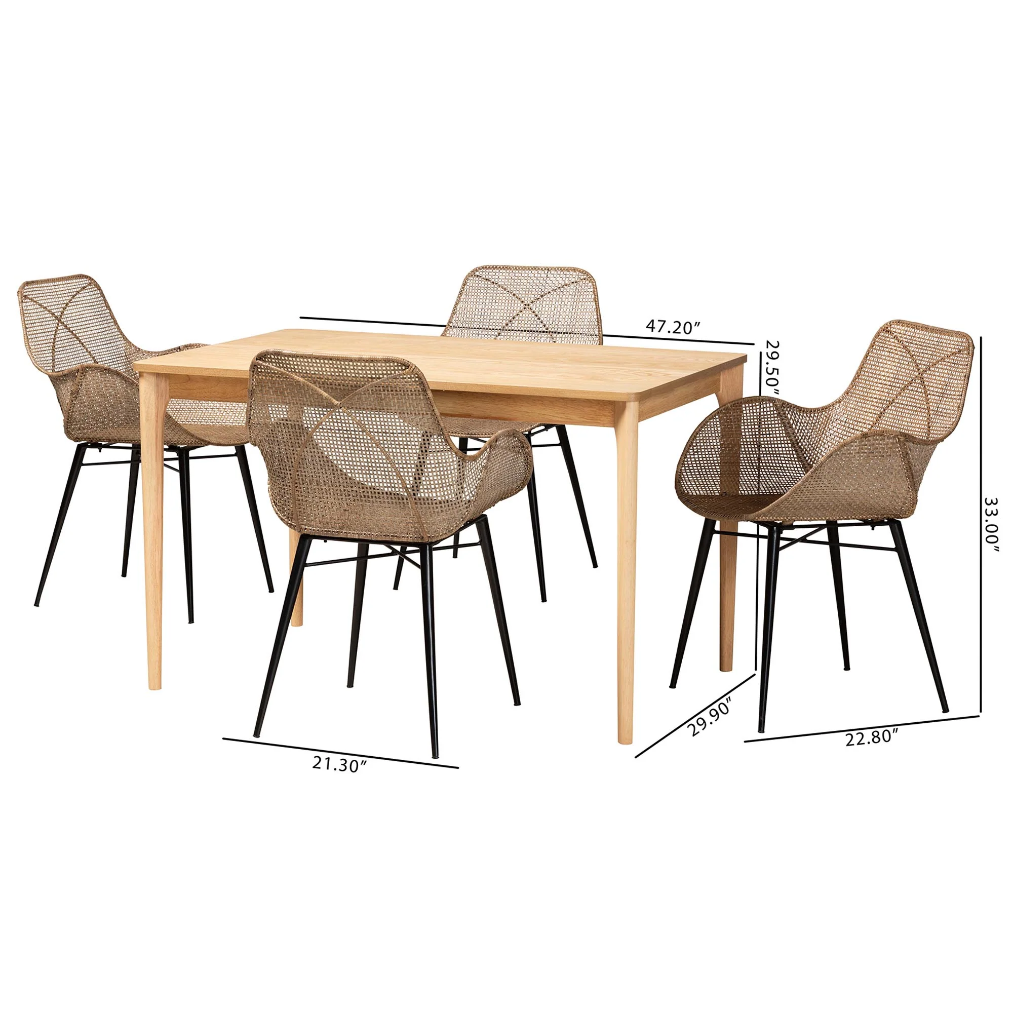 Baxton Studio Ballerina Modern Bohemian Greywashed Rattan and Black Metal 5-Piece Dining Set - Image 10