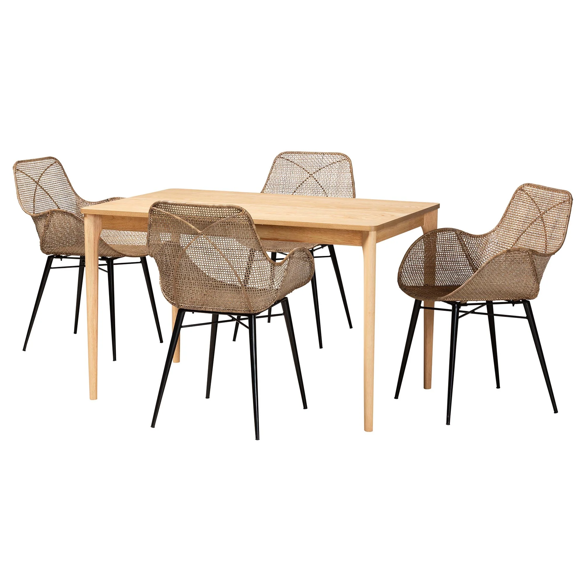 Baxton Studio Ballerina Modern Bohemian Greywashed Rattan and Black Metal 5-Piece Dining Set - Image 2