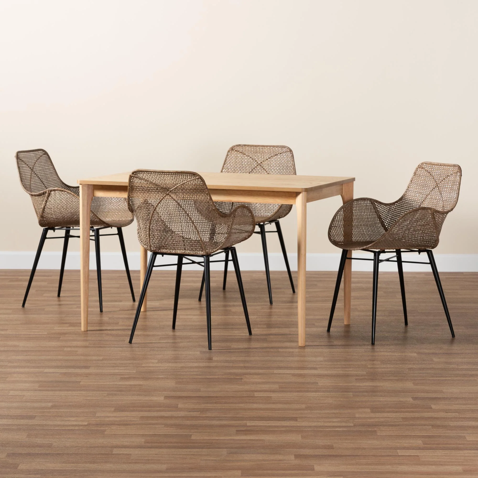 Baxton Studio Ballerina Modern Bohemian Greywashed Rattan and Black Metal 5-Piece Dining Set - Image 9