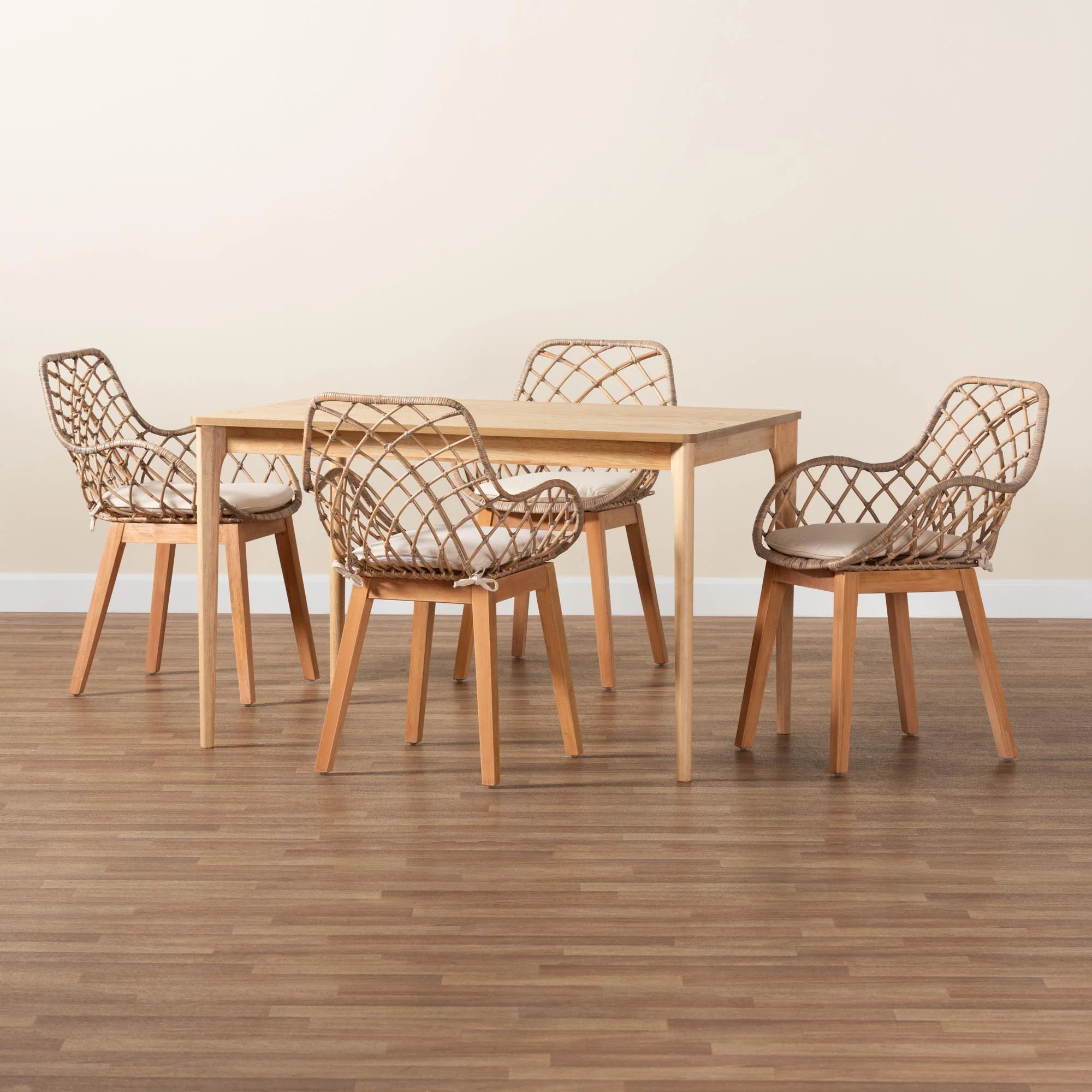 Baxton Studio Ballerina Modern Bohemian Greywashed Rattan and Natural Brown Finished Mahogany Wood 5-Piece Dining Set - Image 2