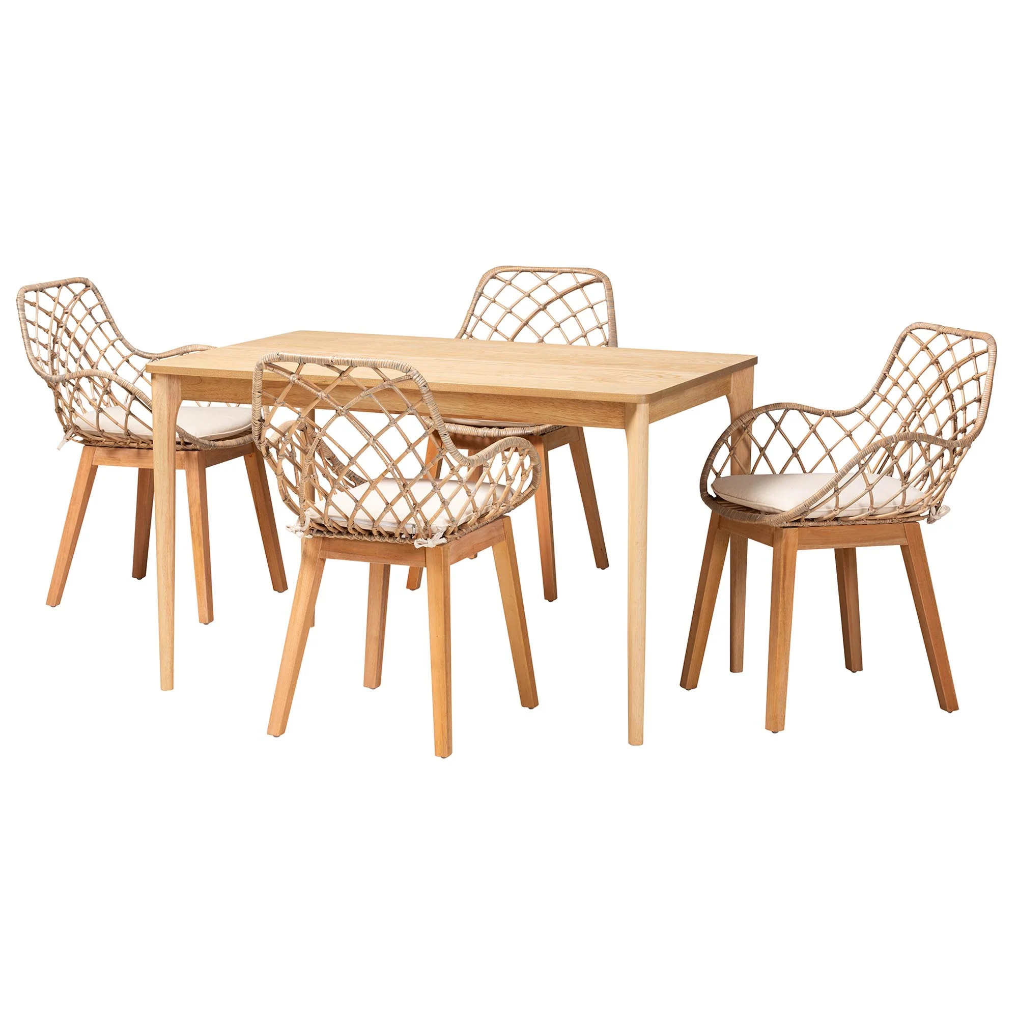 Baxton Studio Ballerina Modern Bohemian Greywashed Rattan and Natural Brown Finished Mahogany Wood 5-Piece Dining Set - Image 4