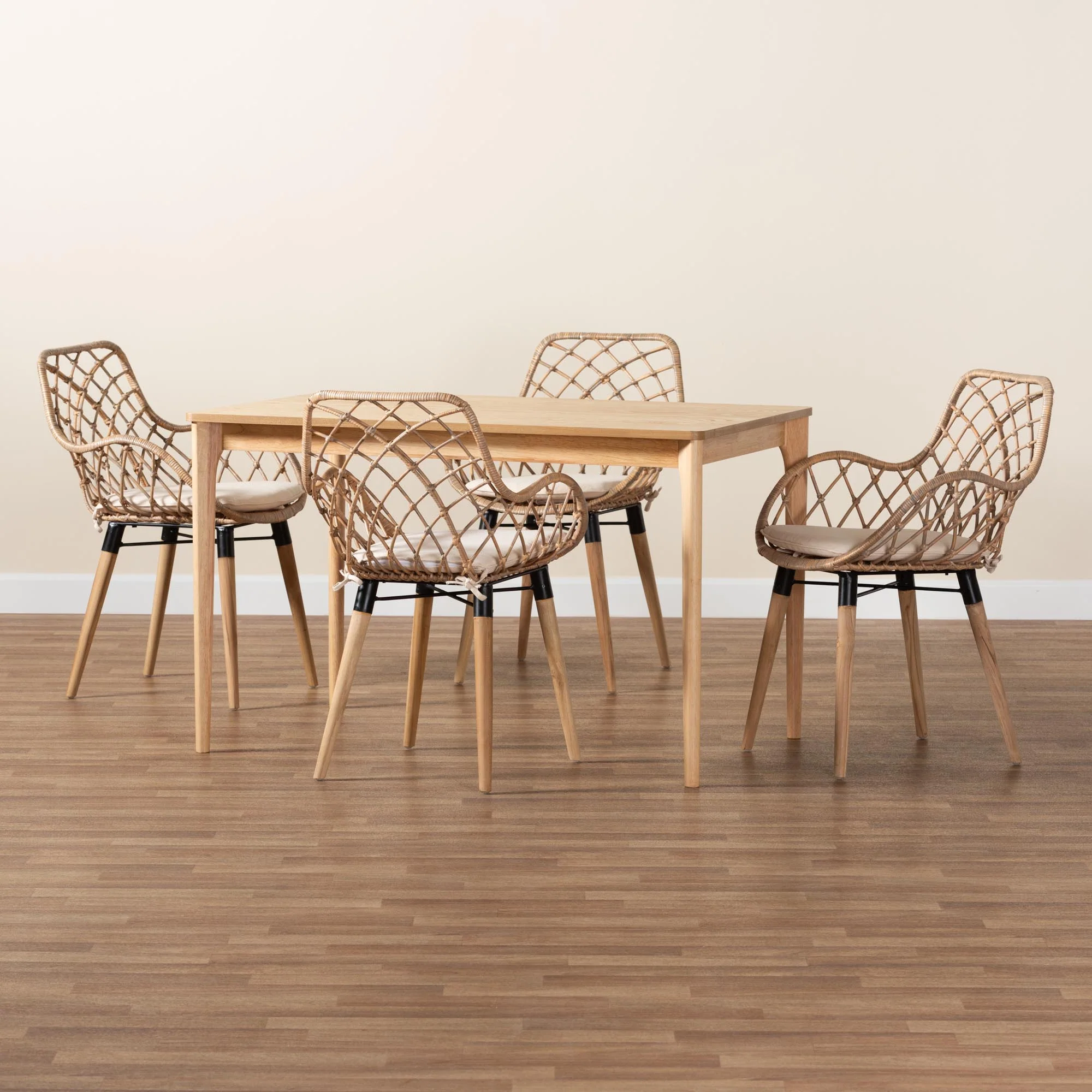 Baxton Studio Ballerina Modern Bohemian Greywashed Rattan and Natural Brown Finished Wood 5-Piece Dining Set - Image 2