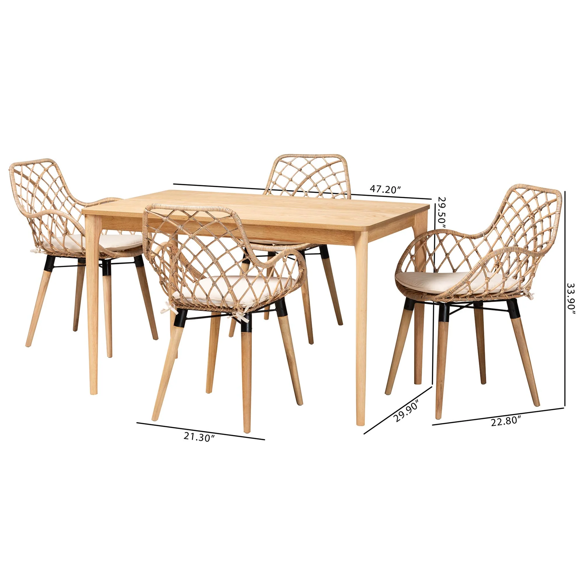 Baxton Studio Ballerina Modern Bohemian Greywashed Rattan and Natural Brown Finished Wood 5-Piece Dining Set - Image 3