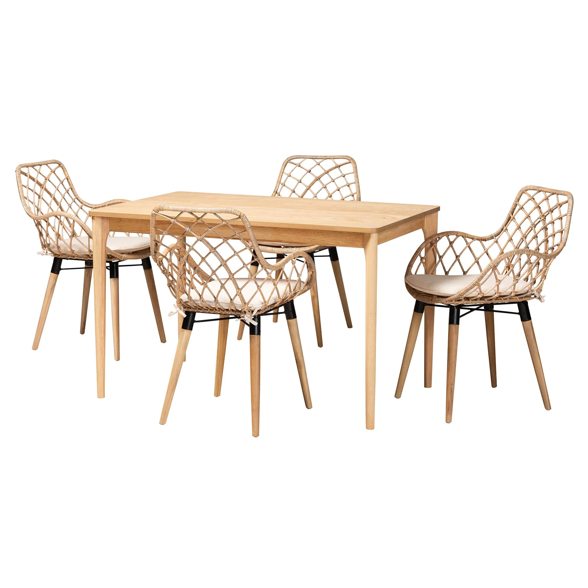 Baxton Studio Ballerina Modern Bohemian Greywashed Rattan and Natural Brown Finished Wood 5-Piece Dining Set - Image 4