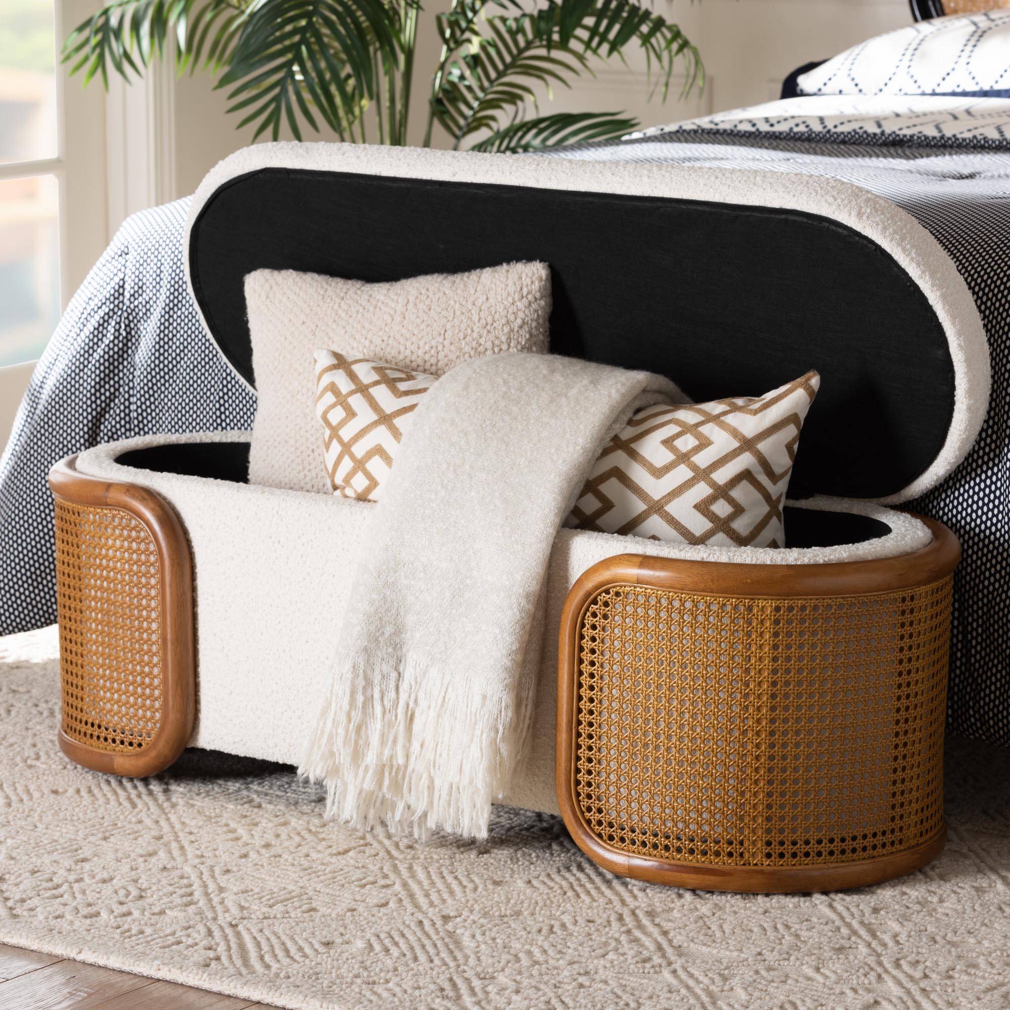 Baxton Studio Basira Japandi Cream Boucle Fabric Storage Bench with Woven Rattan - Image 2