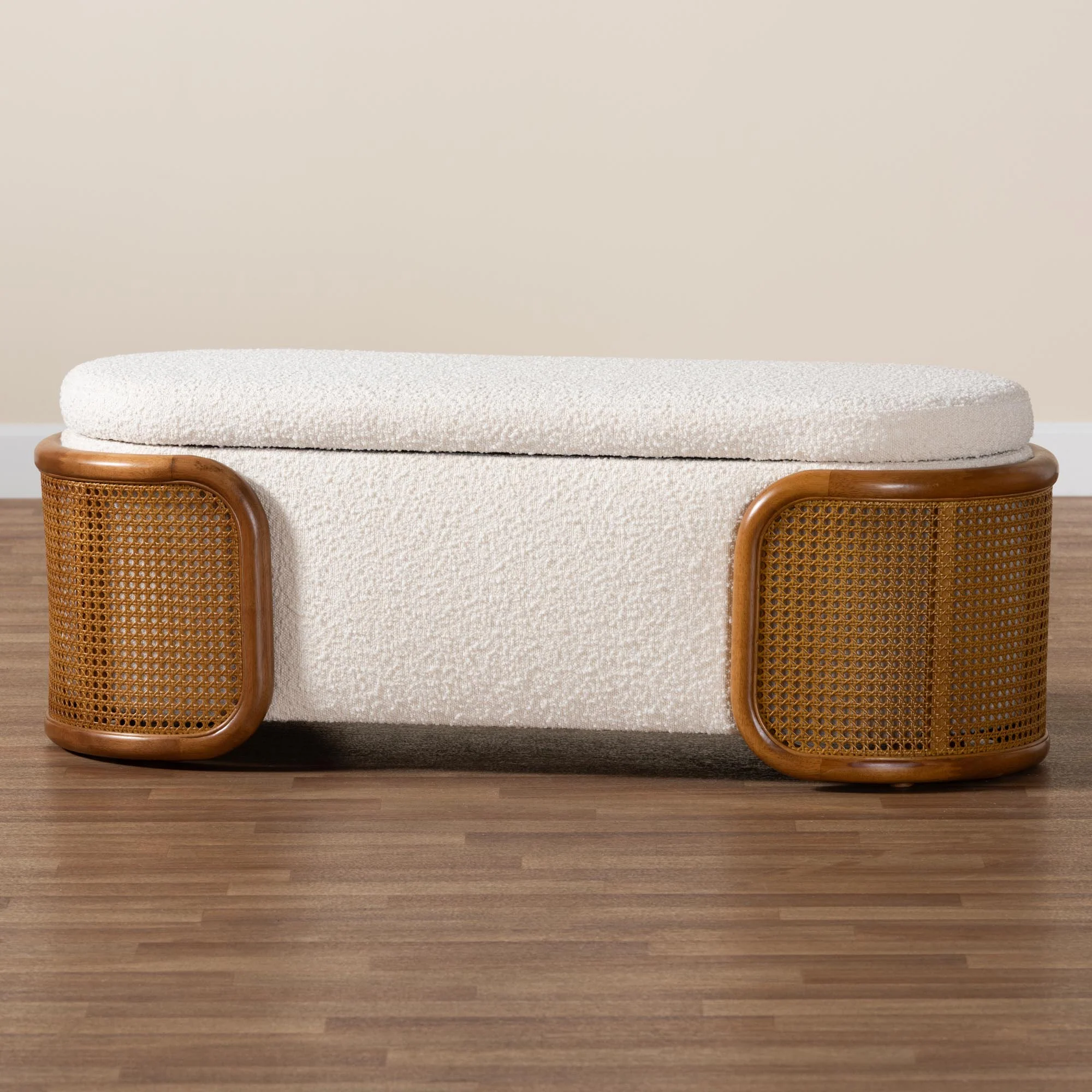 Baxton Studio Basira Japandi Cream Boucle Fabric Storage Bench with Woven Rattan - Image 3