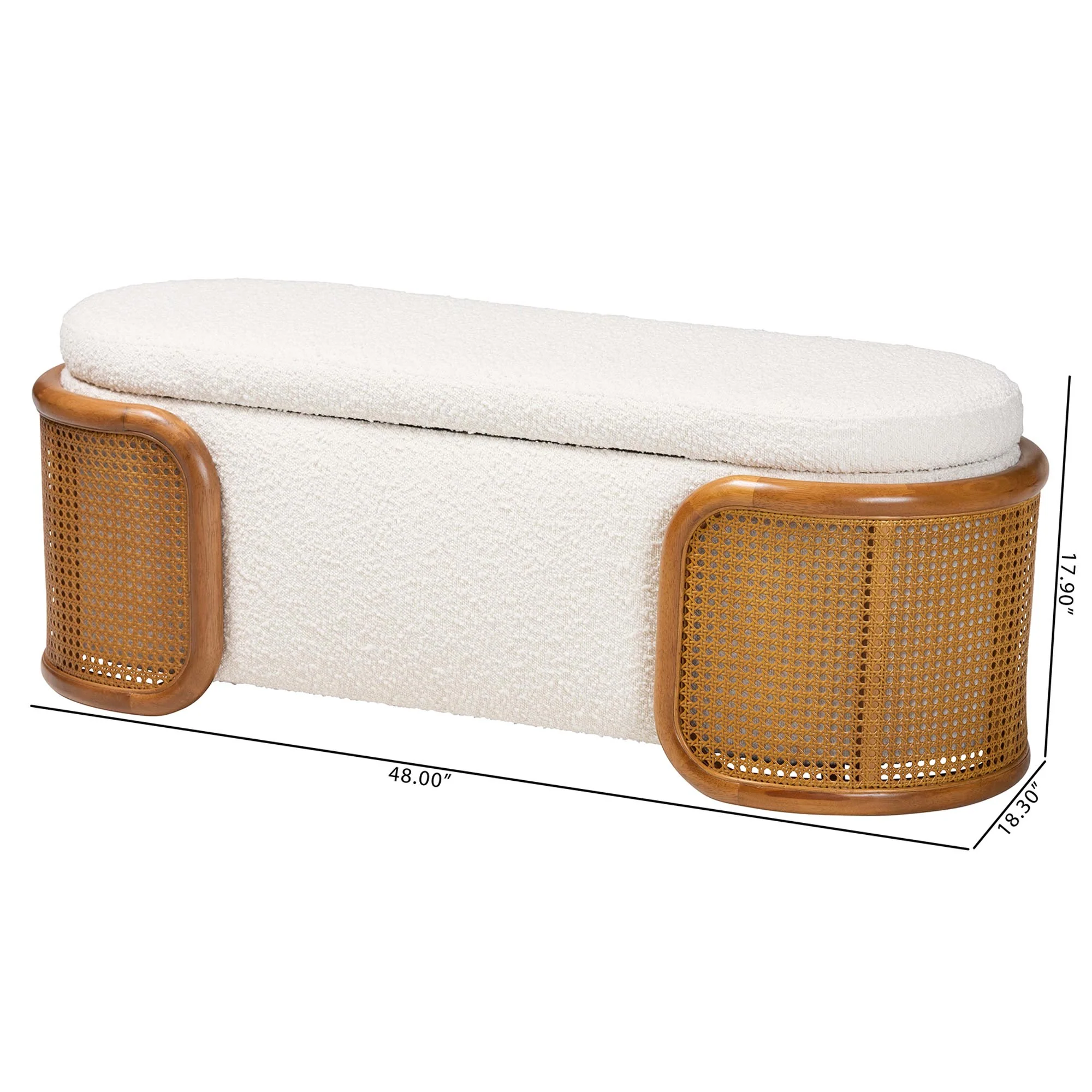 Baxton Studio Basira Japandi Cream Boucle Fabric Storage Bench with Woven Rattan - Image 4