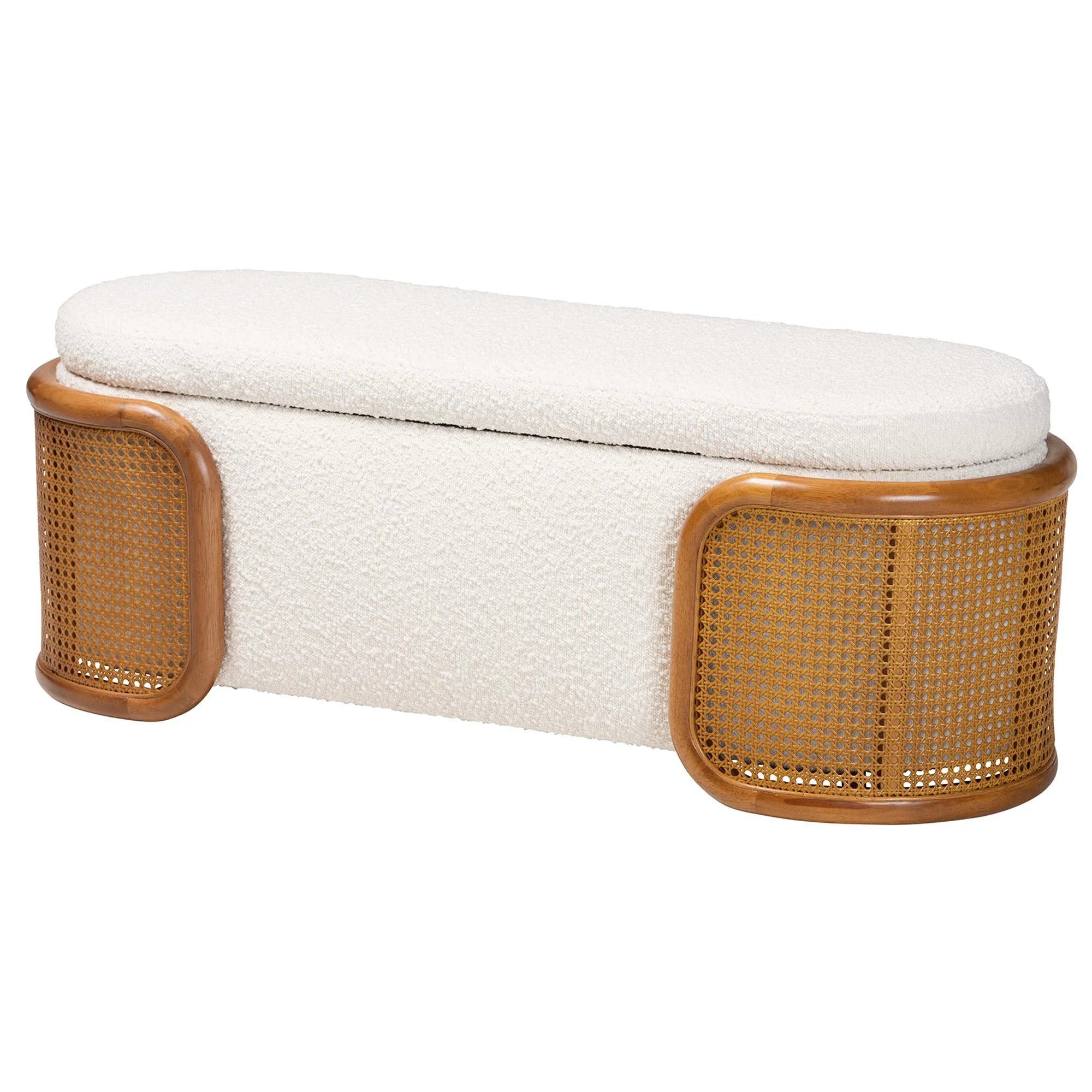 Baxton Studio Basira Japandi Cream Boucle Fabric Storage Bench with Woven Rattan - Image 5