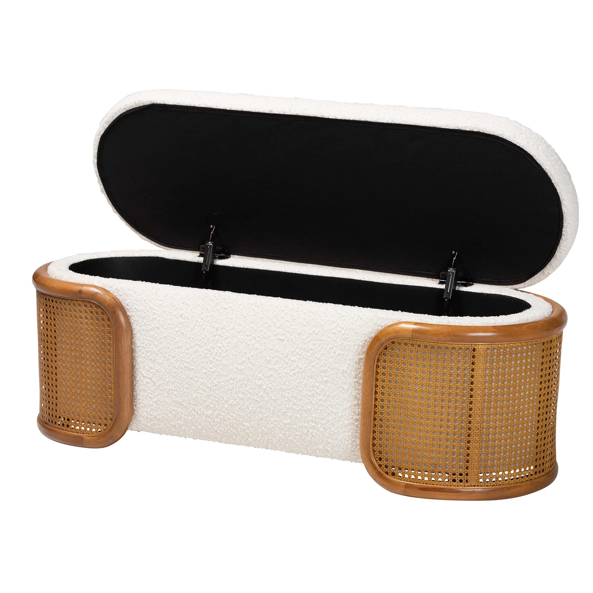 Baxton Studio Basira Japandi Cream Boucle Fabric Storage Bench with Woven Rattan - Image 6