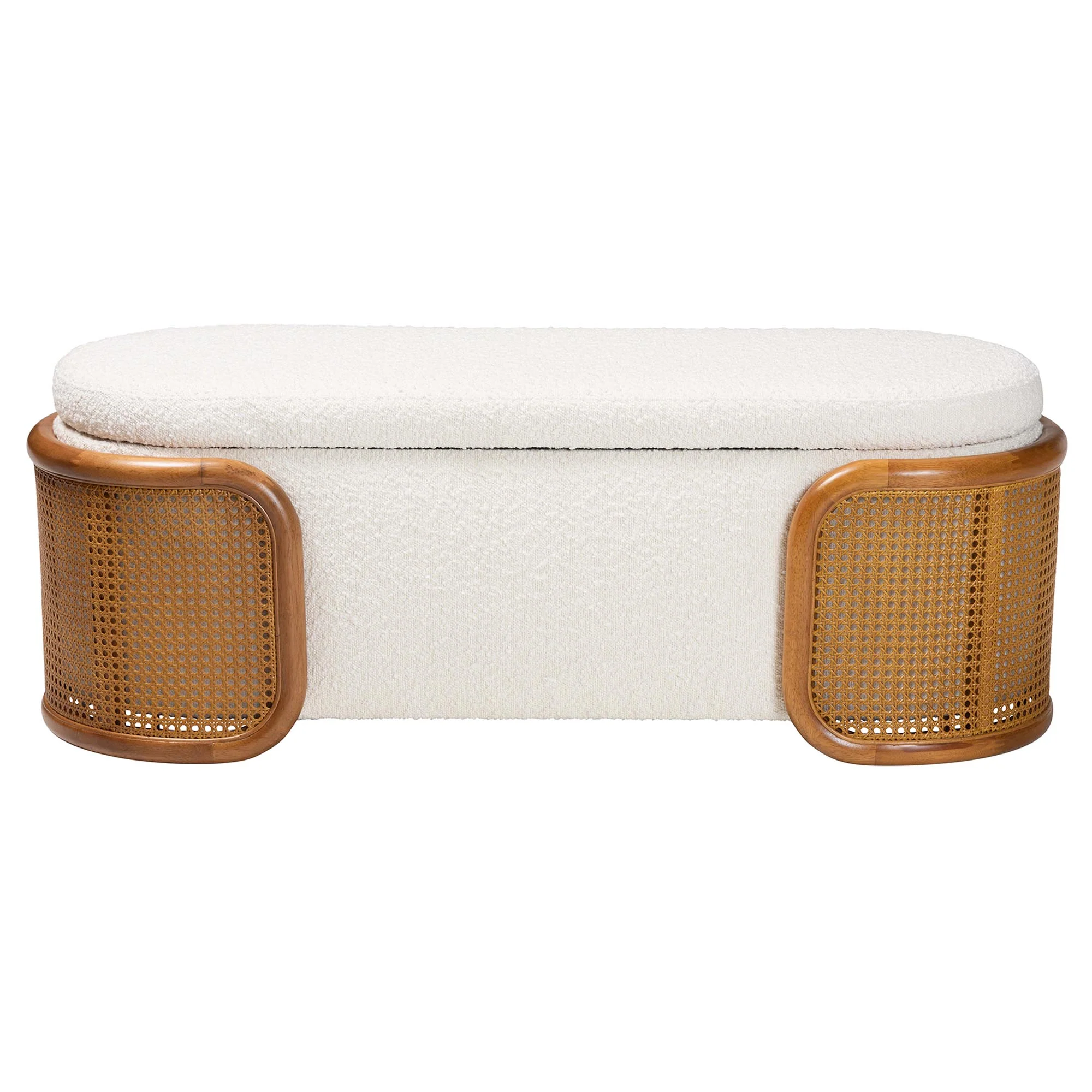 Baxton Studio Basira Japandi Cream Boucle Fabric Storage Bench with Woven Rattan - Image 7