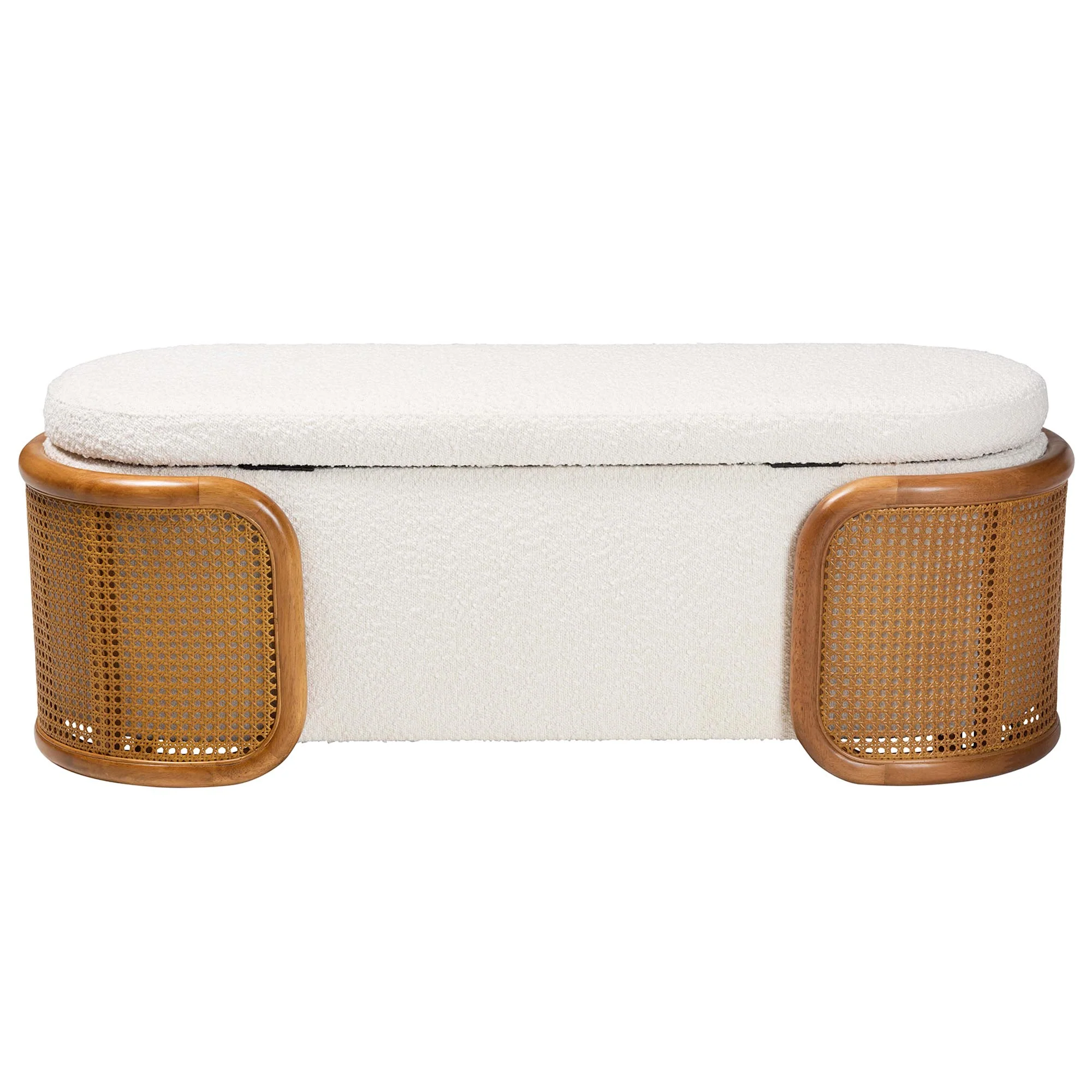 Baxton Studio Basira Japandi Cream Boucle Fabric Storage Bench with Woven Rattan - Image 9