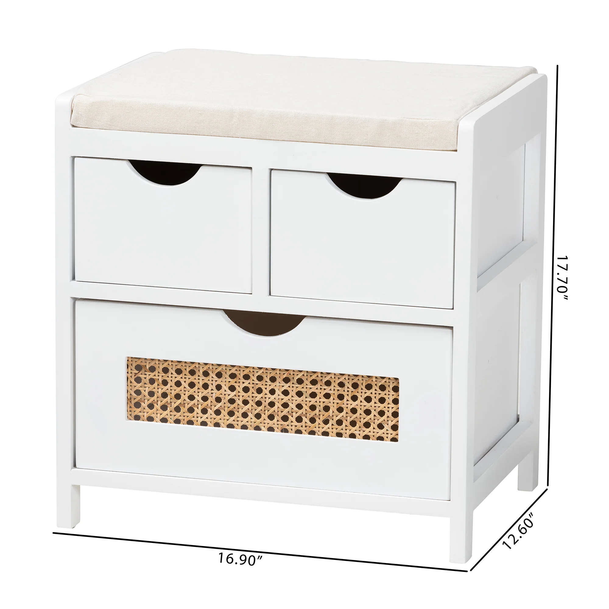 Baxton Studio Bastian Modern and Contemporary Light Beige Fabric and White Finished Wood 3-Drawer Storage Bench with Natural Rattan - Image 10