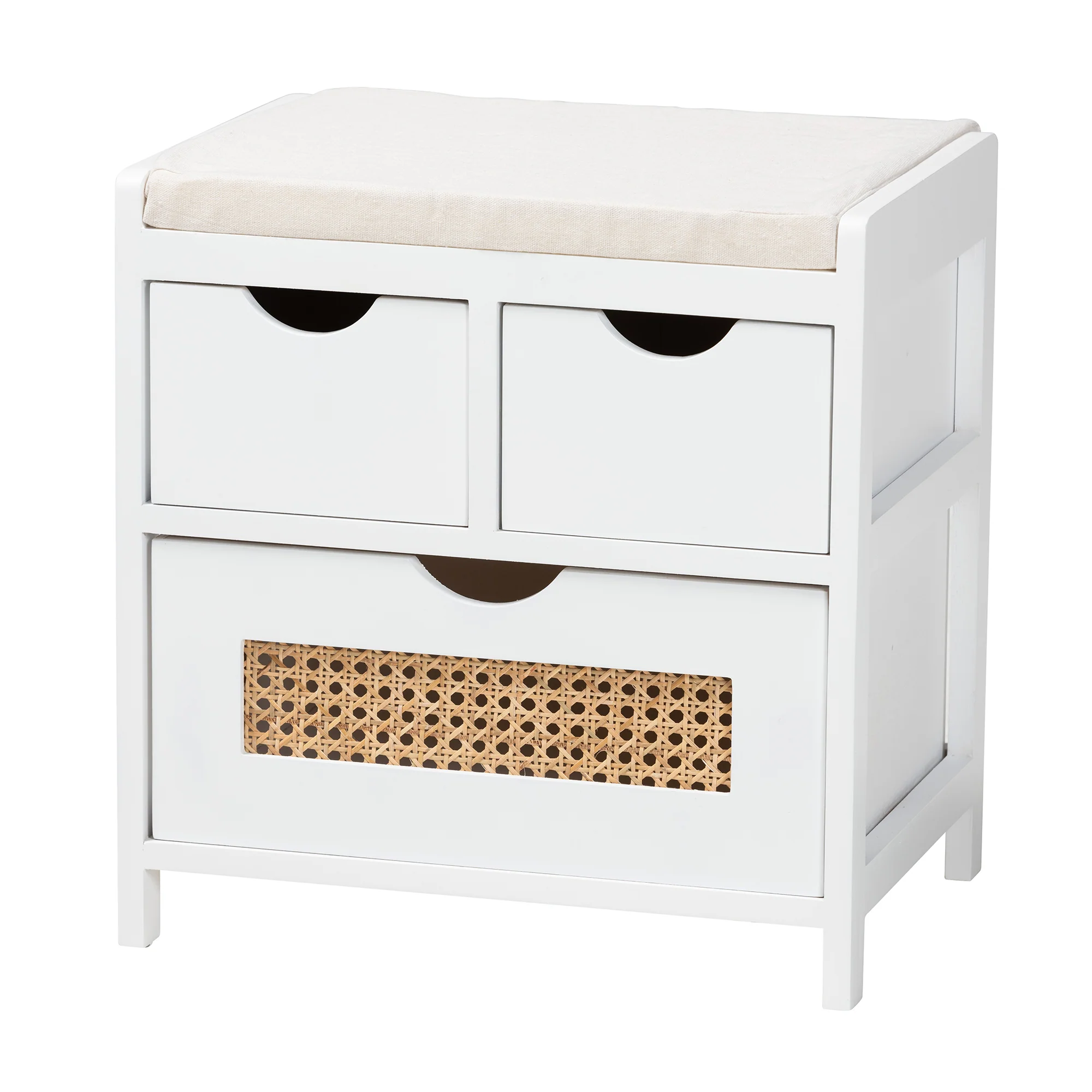 Baxton Studio Bastian Modern and Contemporary Light Beige Fabric and White Finished Wood 3-Drawer Storage Bench with Natural Rattan - Image 2