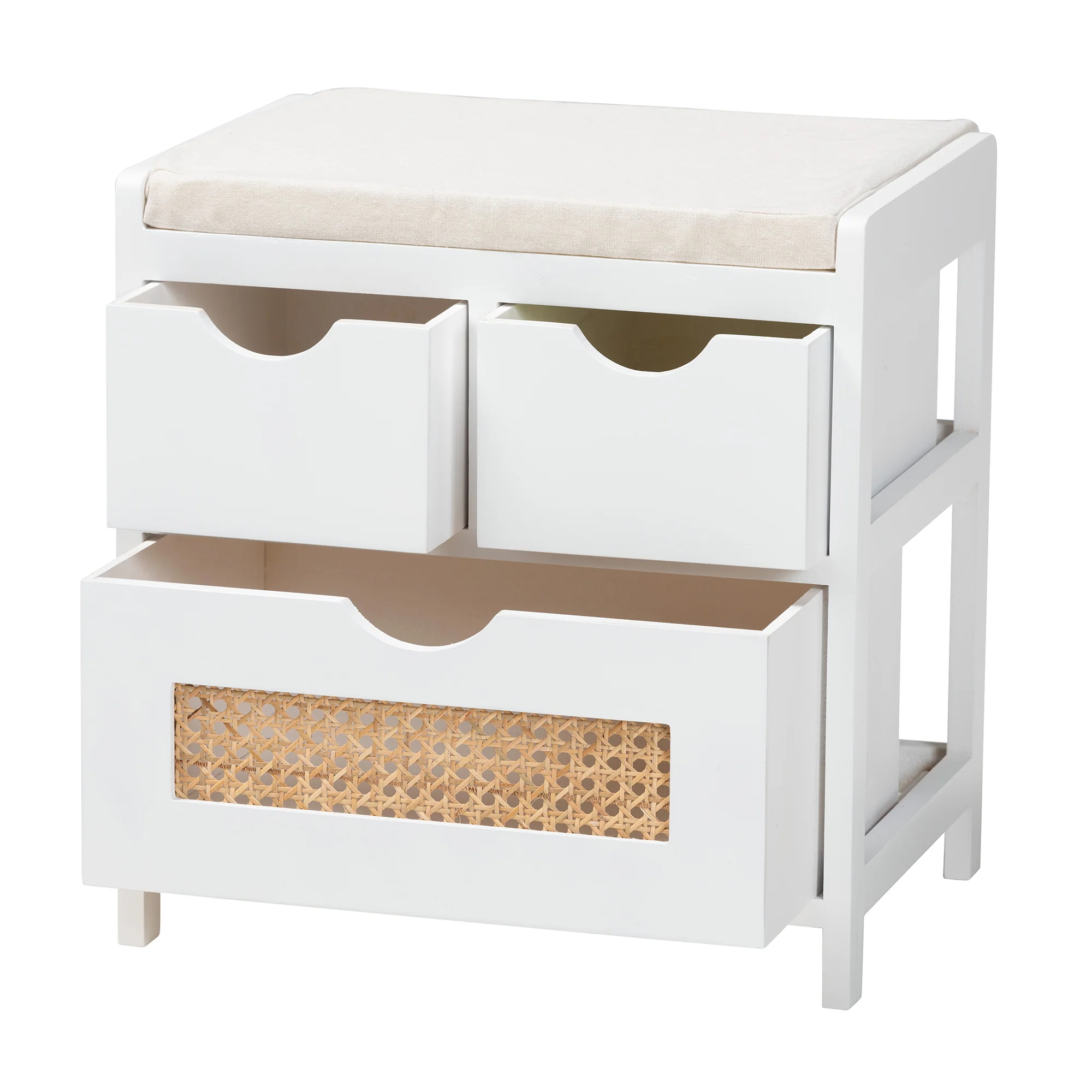 Baxton Studio Bastian Modern and Contemporary Light Beige Fabric and White Finished Wood 3-Drawer Storage Bench with Natural Rattan - Image 3