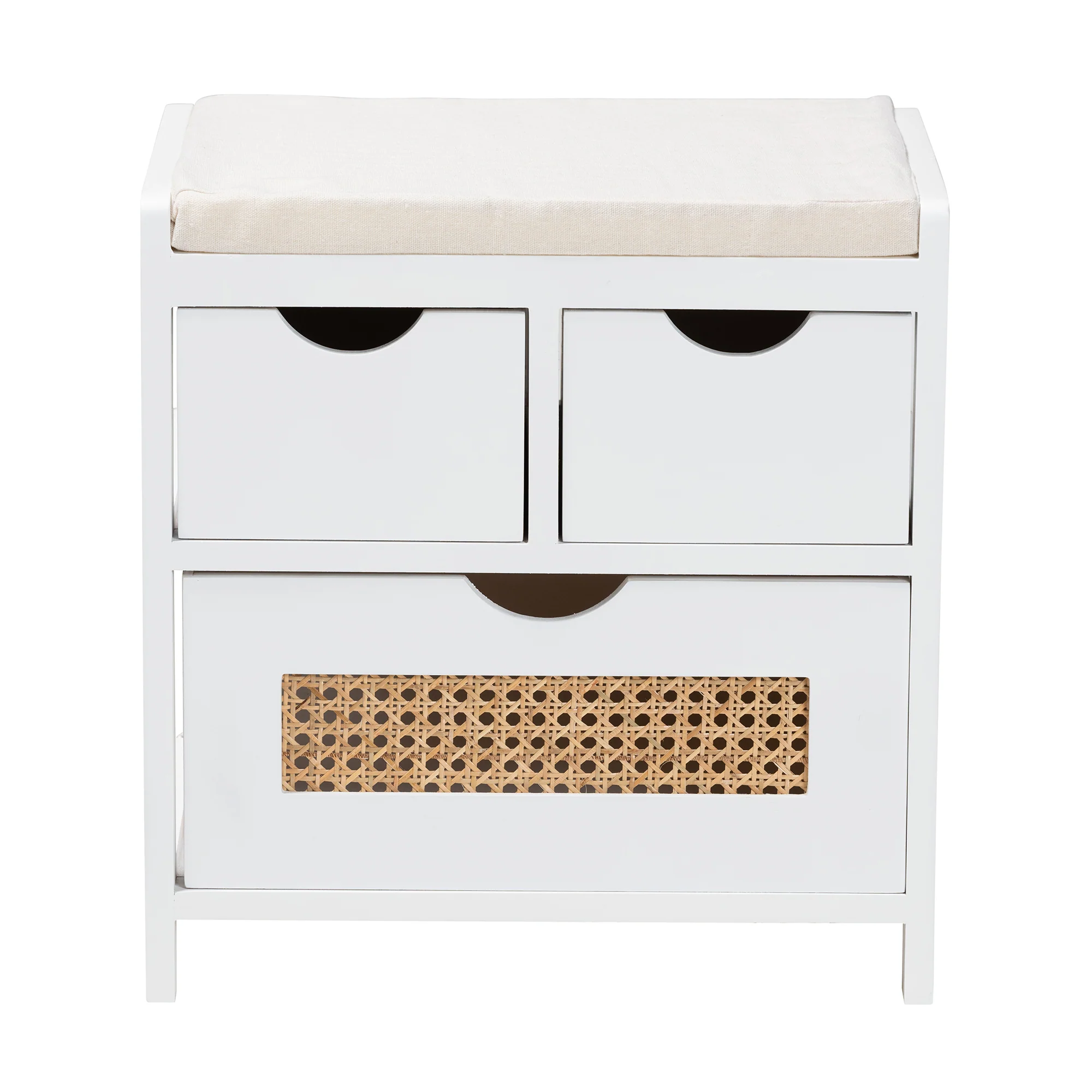 Baxton Studio Bastian Modern and Contemporary Light Beige Fabric and White Finished Wood 3-Drawer Storage Bench with Natural Rattan - Image 4