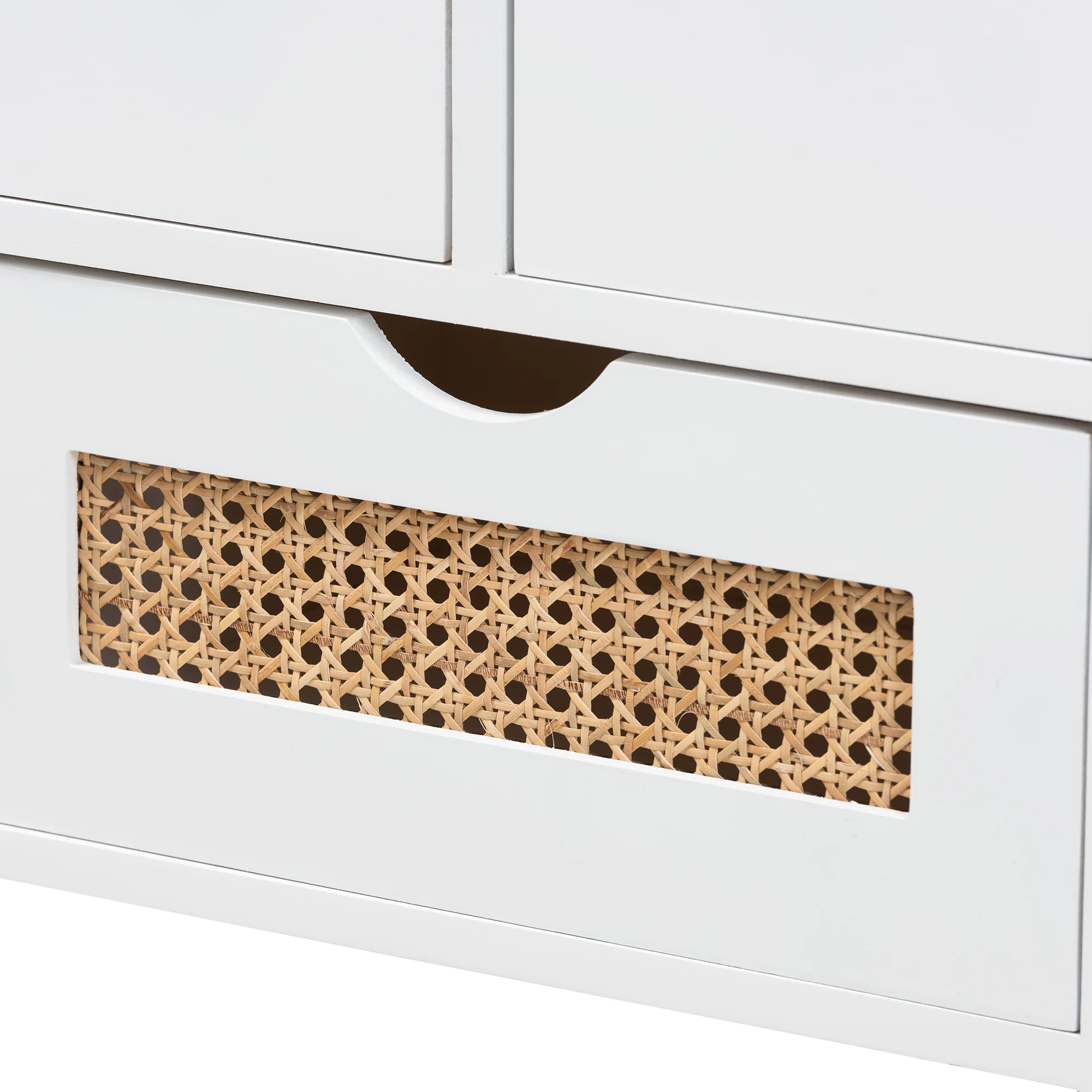 Baxton Studio Bastian Modern and Contemporary Light Beige Fabric and White Finished Wood 3-Drawer Storage Bench with Natural Rattan - Image 6