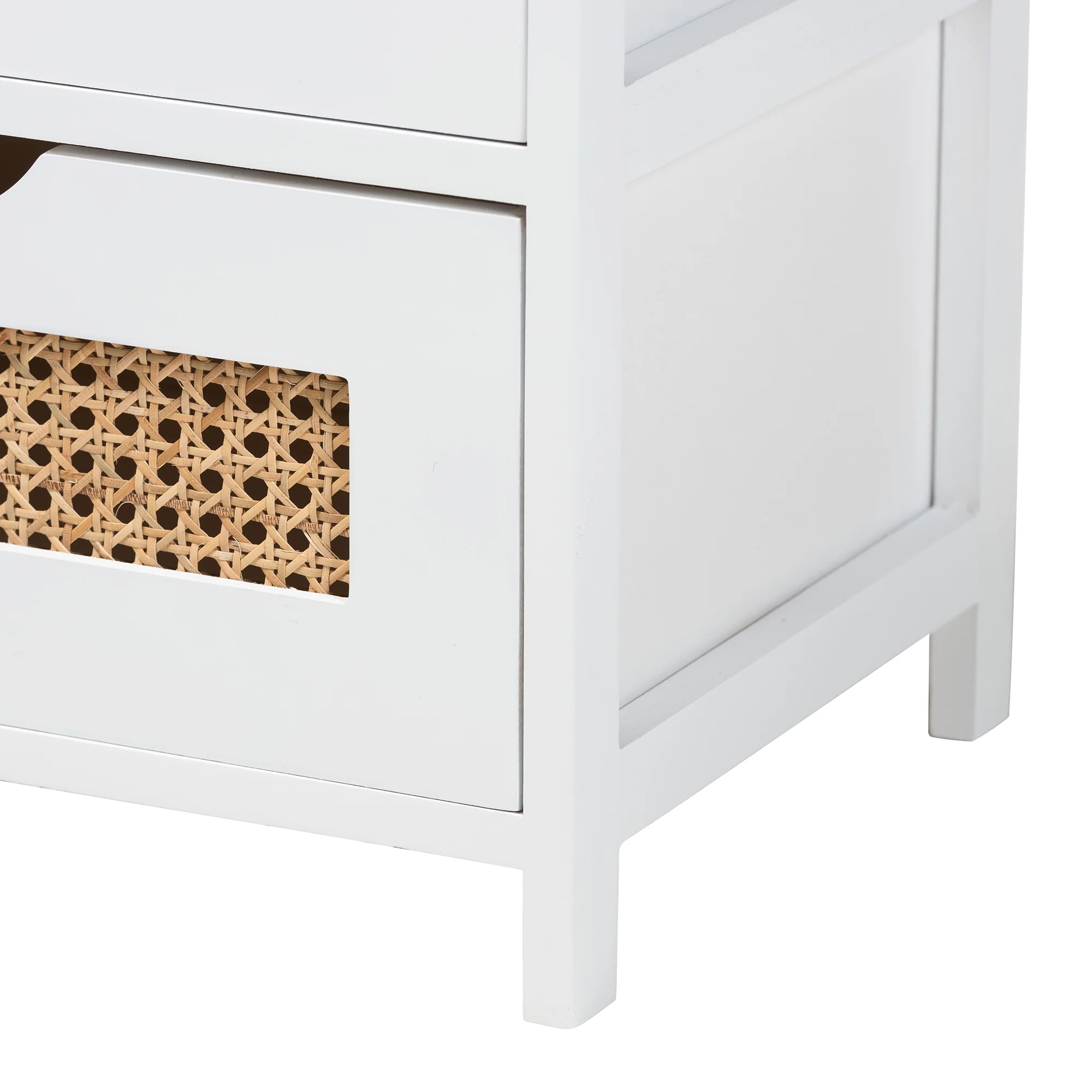 Baxton Studio Bastian Modern and Contemporary Light Beige Fabric and White Finished Wood 3-Drawer Storage Bench with Natural Rattan - Image 7