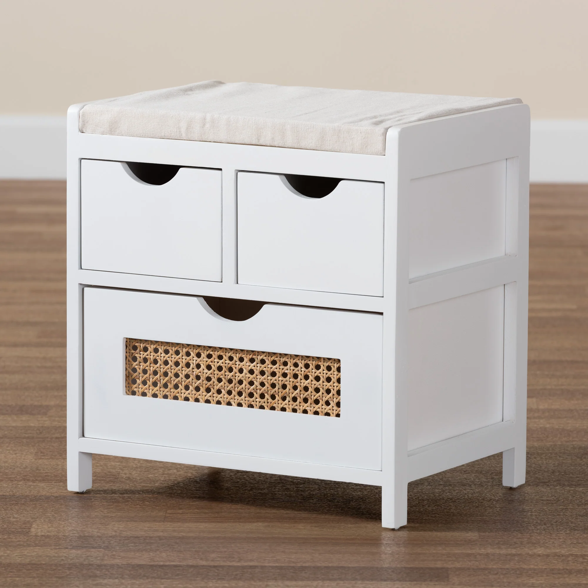 Baxton Studio Bastian Modern and Contemporary Light Beige Fabric and White Finished Wood 3-Drawer Storage Bench with Natural Rattan - Image 9