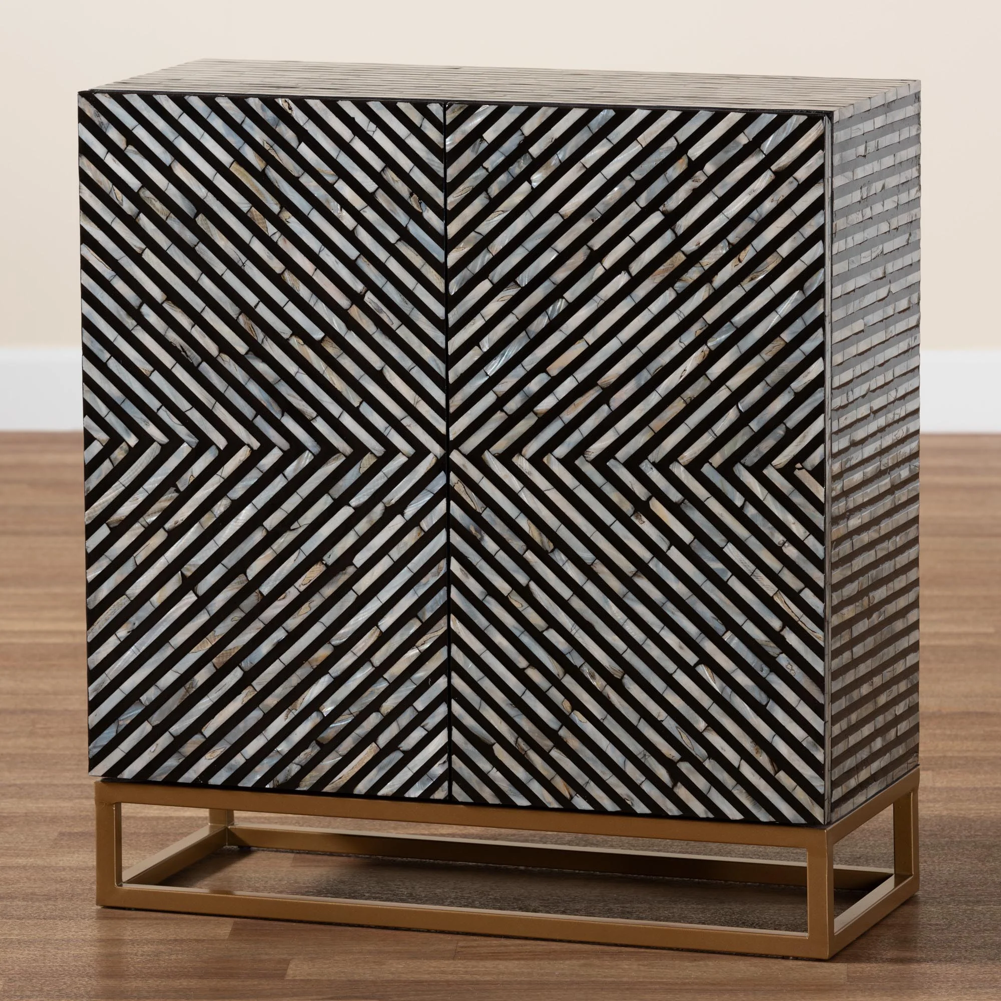 Baxton Studio Belenus Modern Bohemian Two-Tone Black and Grey Mother of Pearl and Gold Metal Storage Cabinet - Image 9