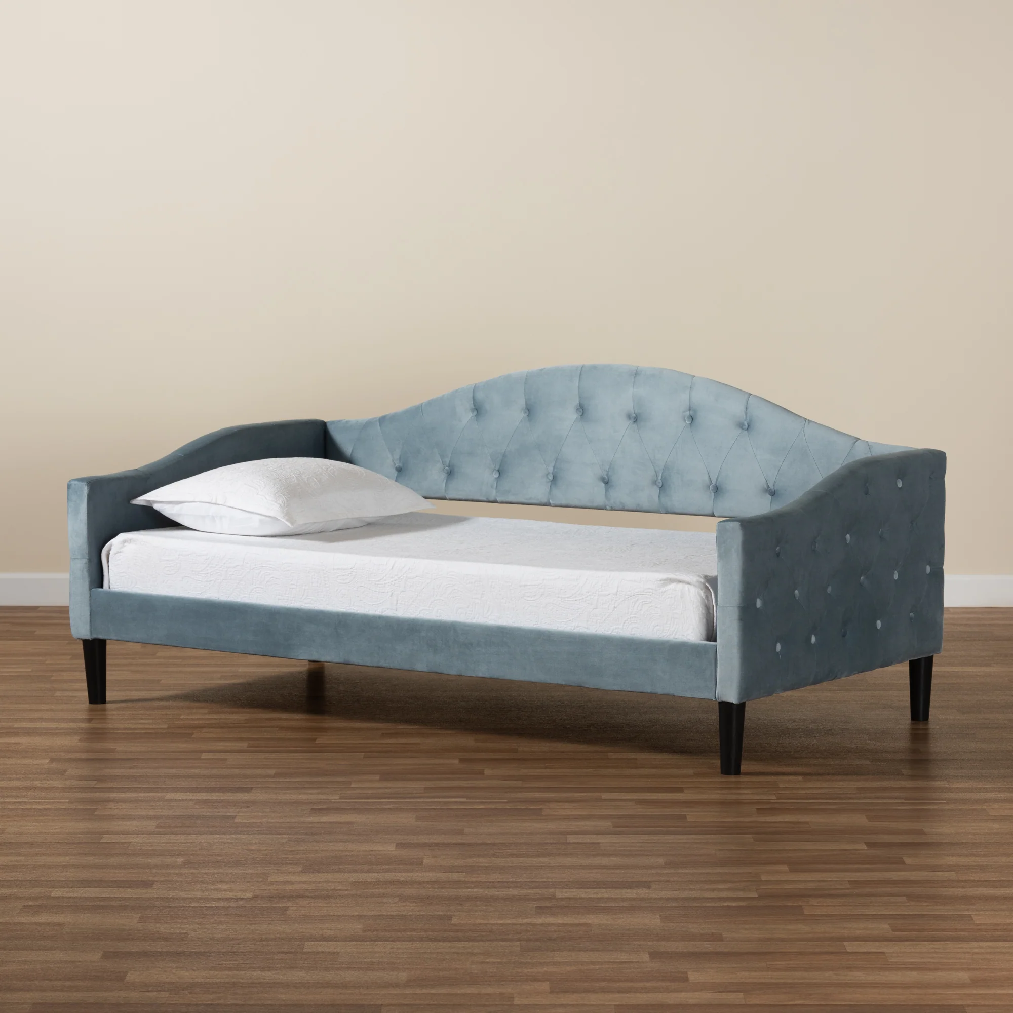 Baxton Studio Benjamin Modern and Contemporary Light Blue Velvet Fabric Upholstered and Dark Brown Finished Wood Full Size Daybed - Image 10