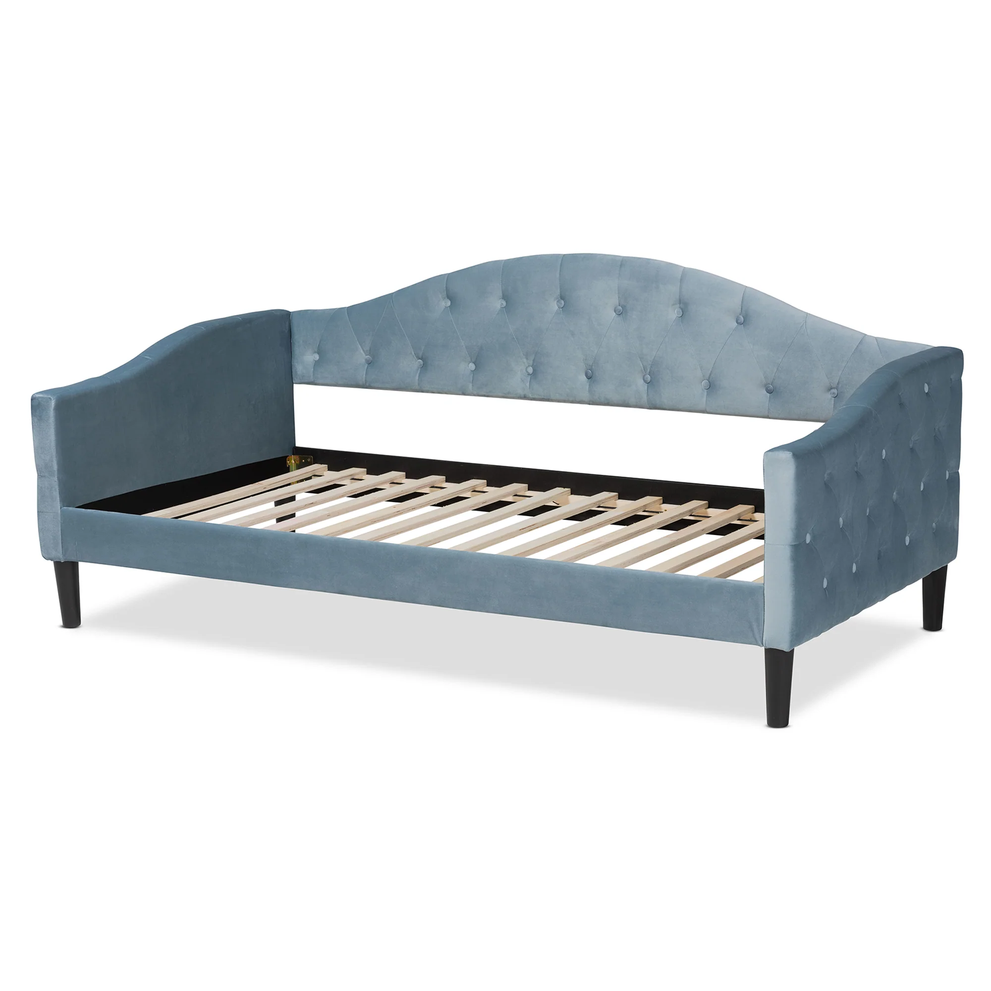 Baxton Studio Benjamin Modern and Contemporary Light Blue Velvet Fabric Upholstered and Dark Brown Finished Wood Full Size Daybed - Image 4