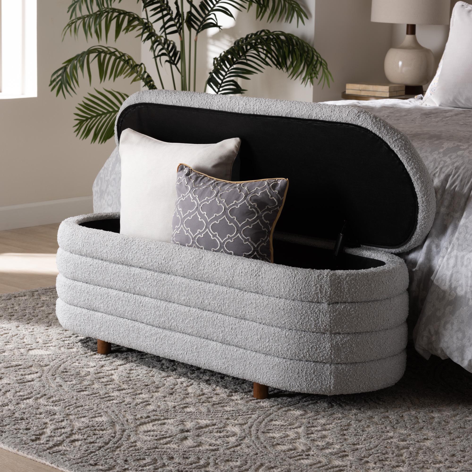 Baxton Studio Betiana Modern Japandi Light Grey Boucle Fabric and Walnut Brown Finished Wood Storage Bench - Image 10