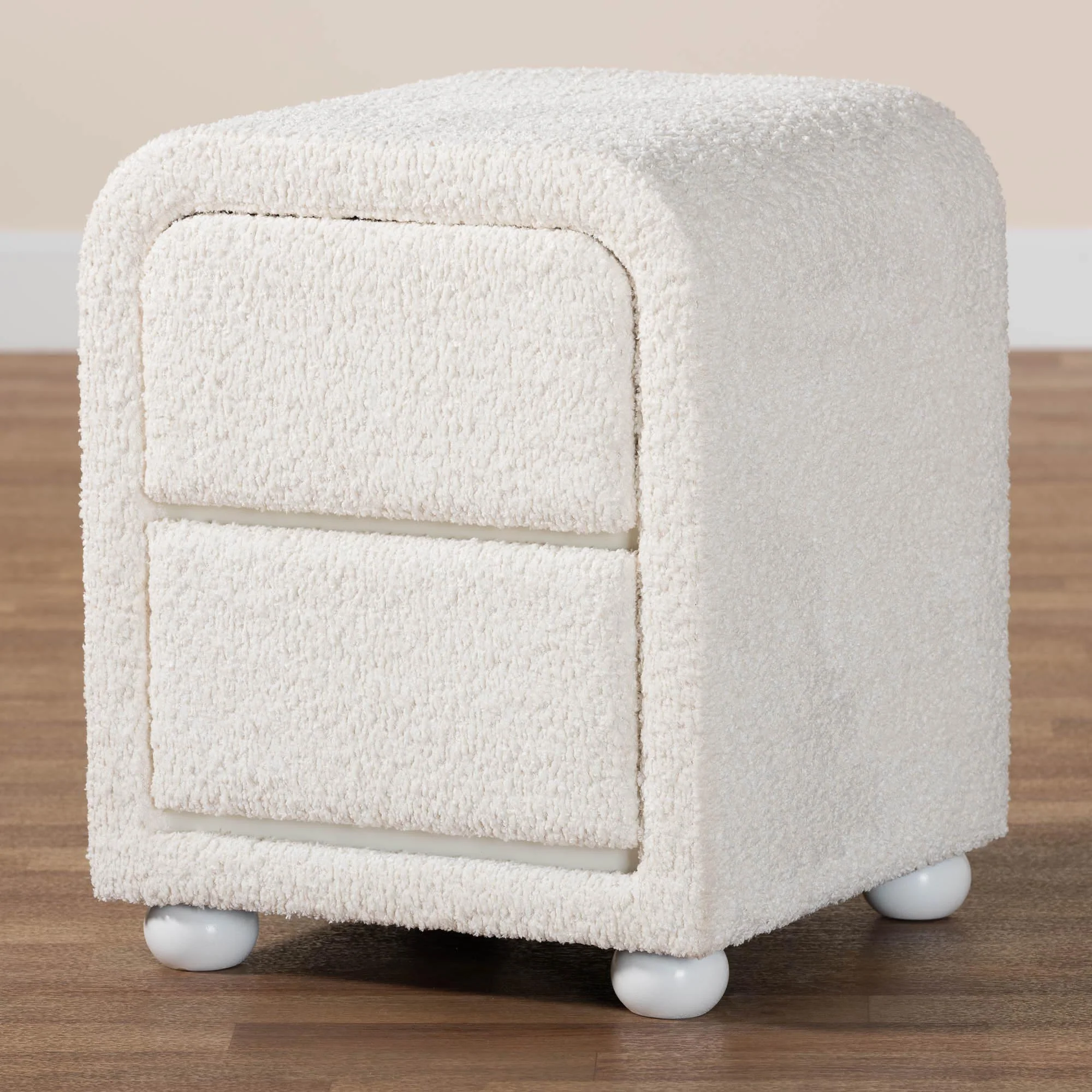 Baxton Studio Bonilla Modern White Teddy-Bear Fabric and Rubberwood 2-Drawer Nightstand - Image 2