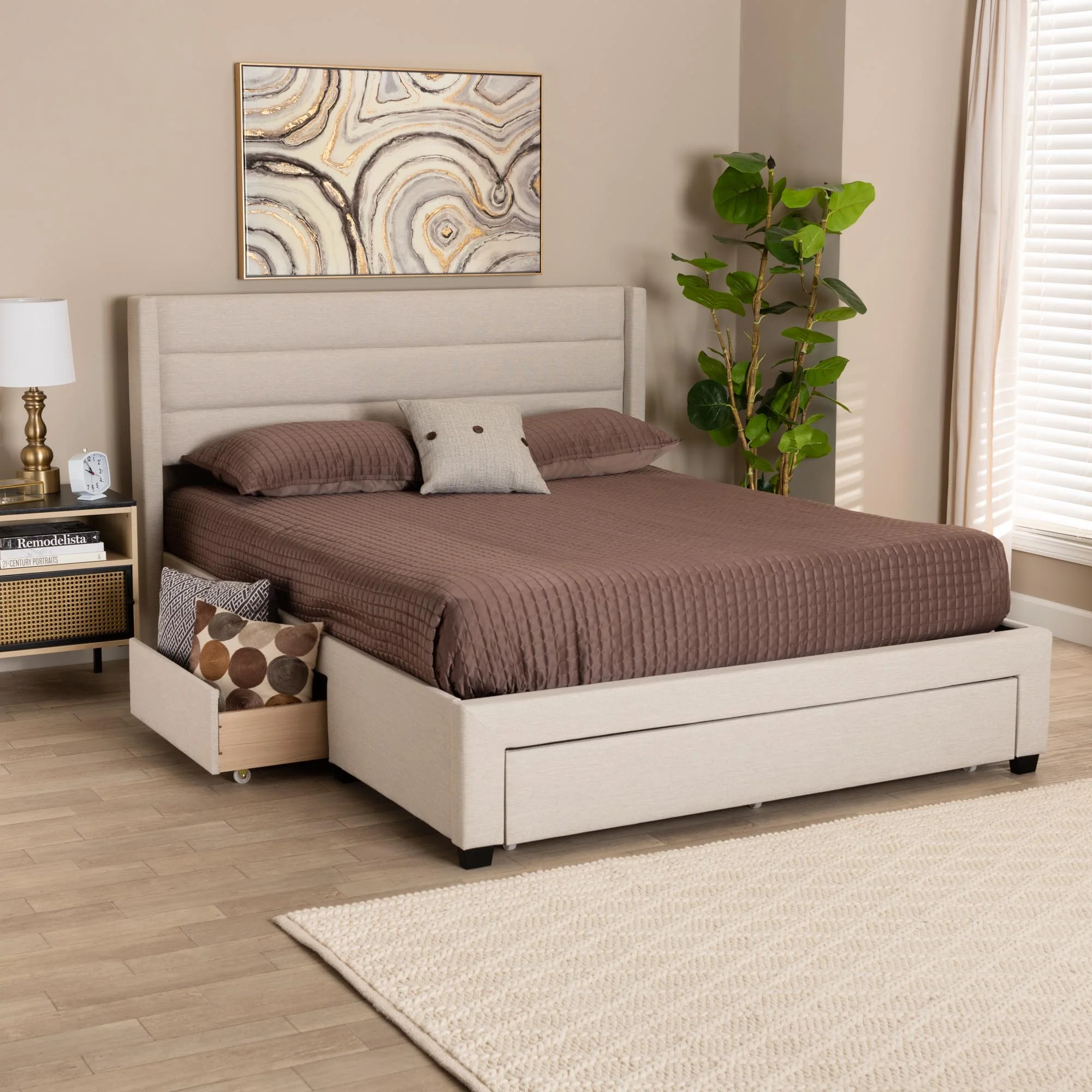 Baxton Studio Braylon Mid-Century Modern Transitional Beige Fabric and Dark Brown Finished Wood Queen Size 3-Drawer Storage Platform Bed - Image 4