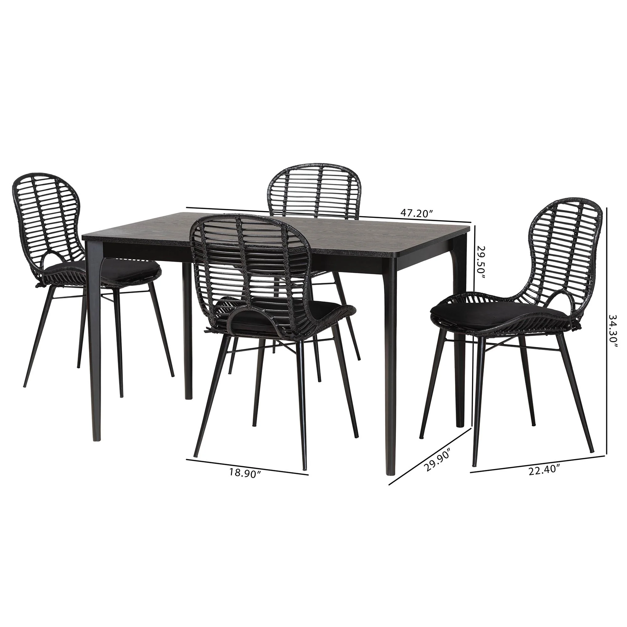 Baxton Studio Brenna Modern Bohemian Black Finished Wood and Rattan 5-Piece Dining Set - Image 10