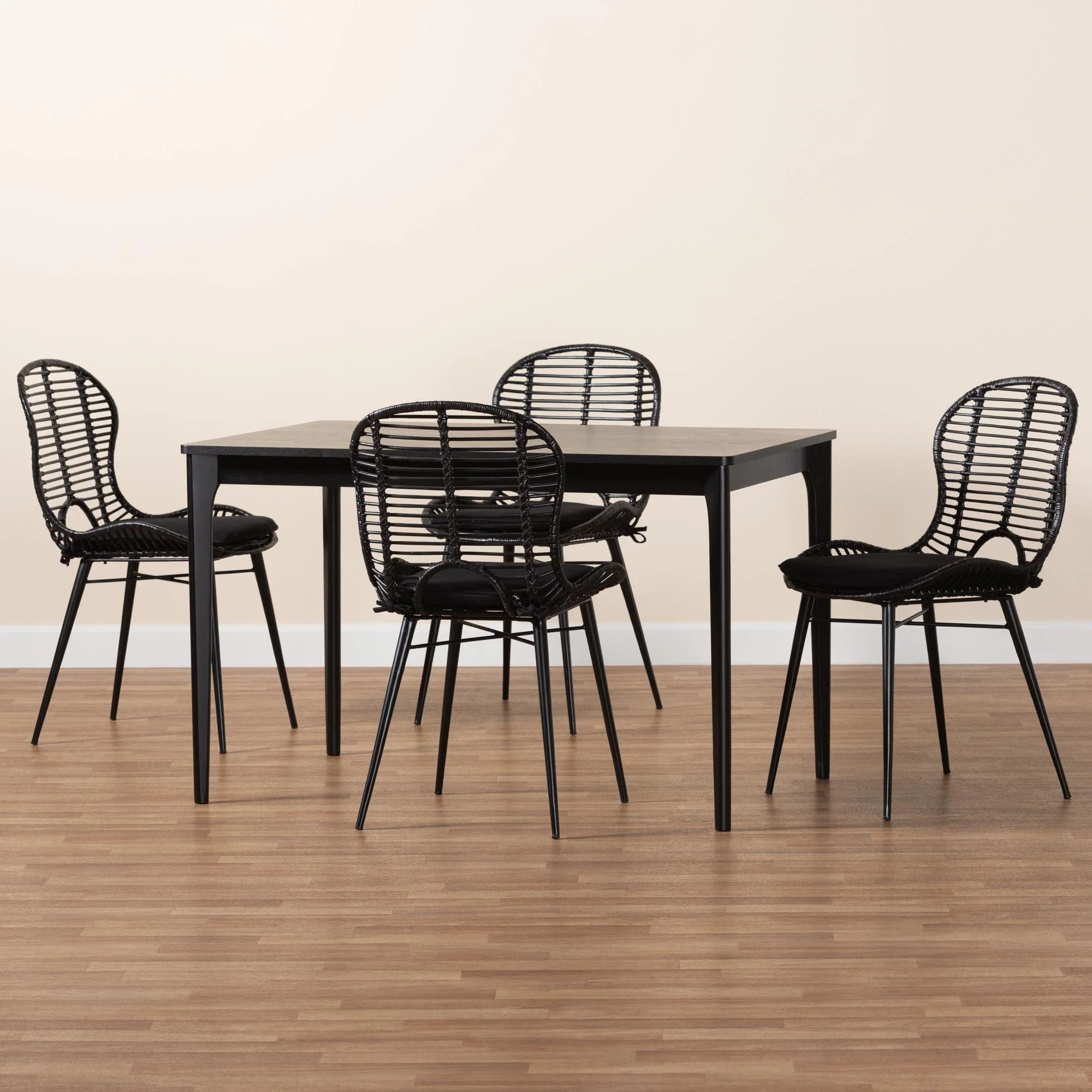 Baxton Studio Brenna Modern Bohemian Black Finished Wood and Rattan 5-Piece Dining Set - Image 9