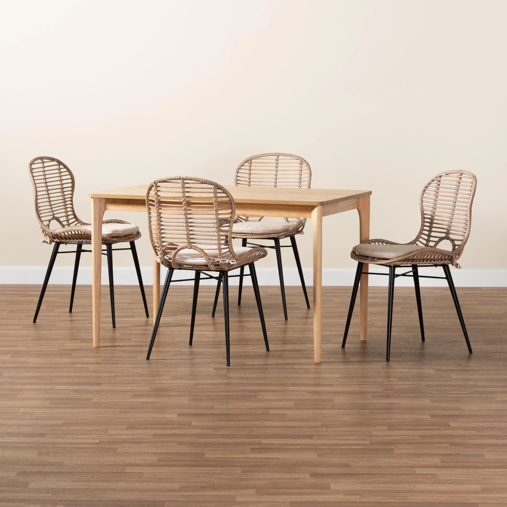 Baxton Studio Brenna Modern Bohemian Greywashed Rattan and Natural Brown Finished Wood 5-Piece Dining Set - Image 9