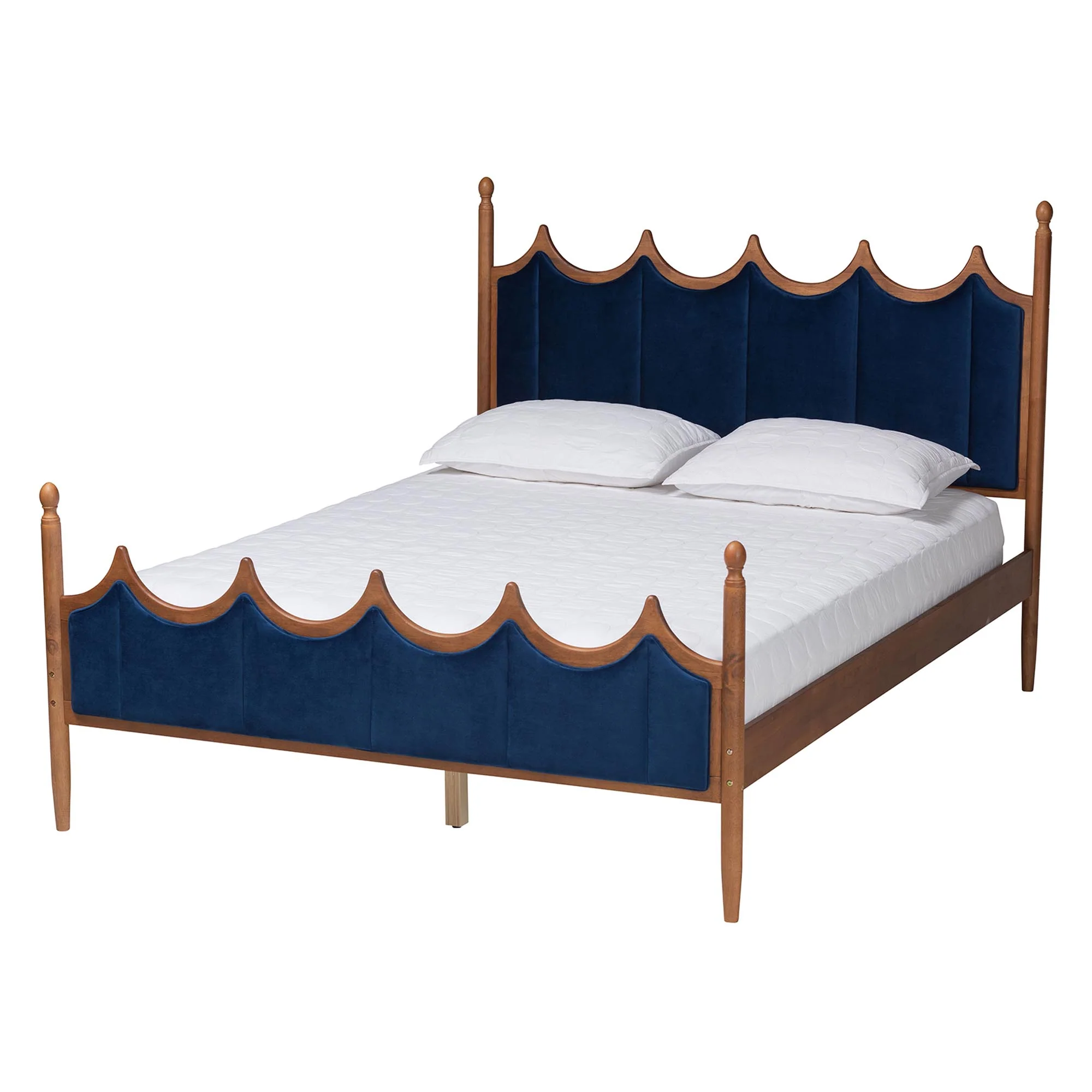 Baxton Studio Calgary Retro-Modern Royal Blue Velvet Fabric and Walnut Brown Wood Queen Size Platform Bed - Image 2