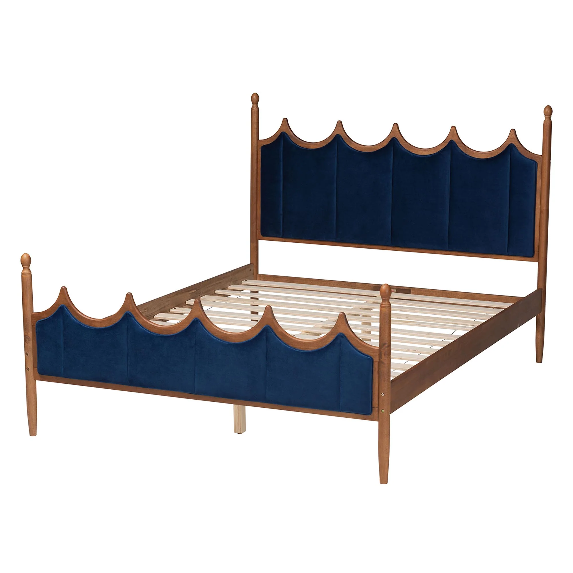Baxton Studio Calgary Retro-Modern Royal Blue Velvet Fabric and Walnut Brown Wood Queen Size Platform Bed - Image 4