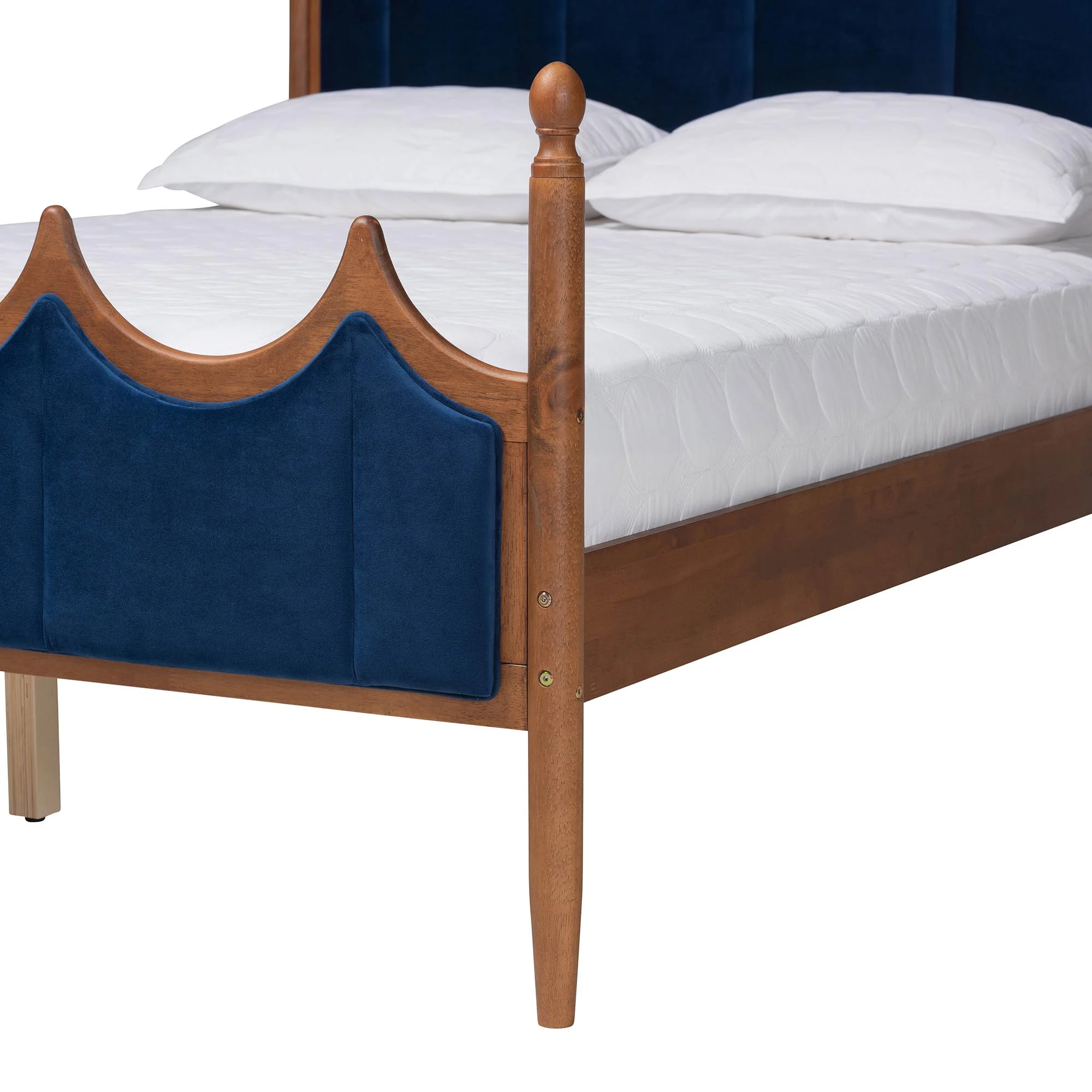 Baxton Studio Calgary Retro-Modern Royal Blue Velvet Fabric and Walnut Brown Wood Queen Size Platform Bed - Image 6