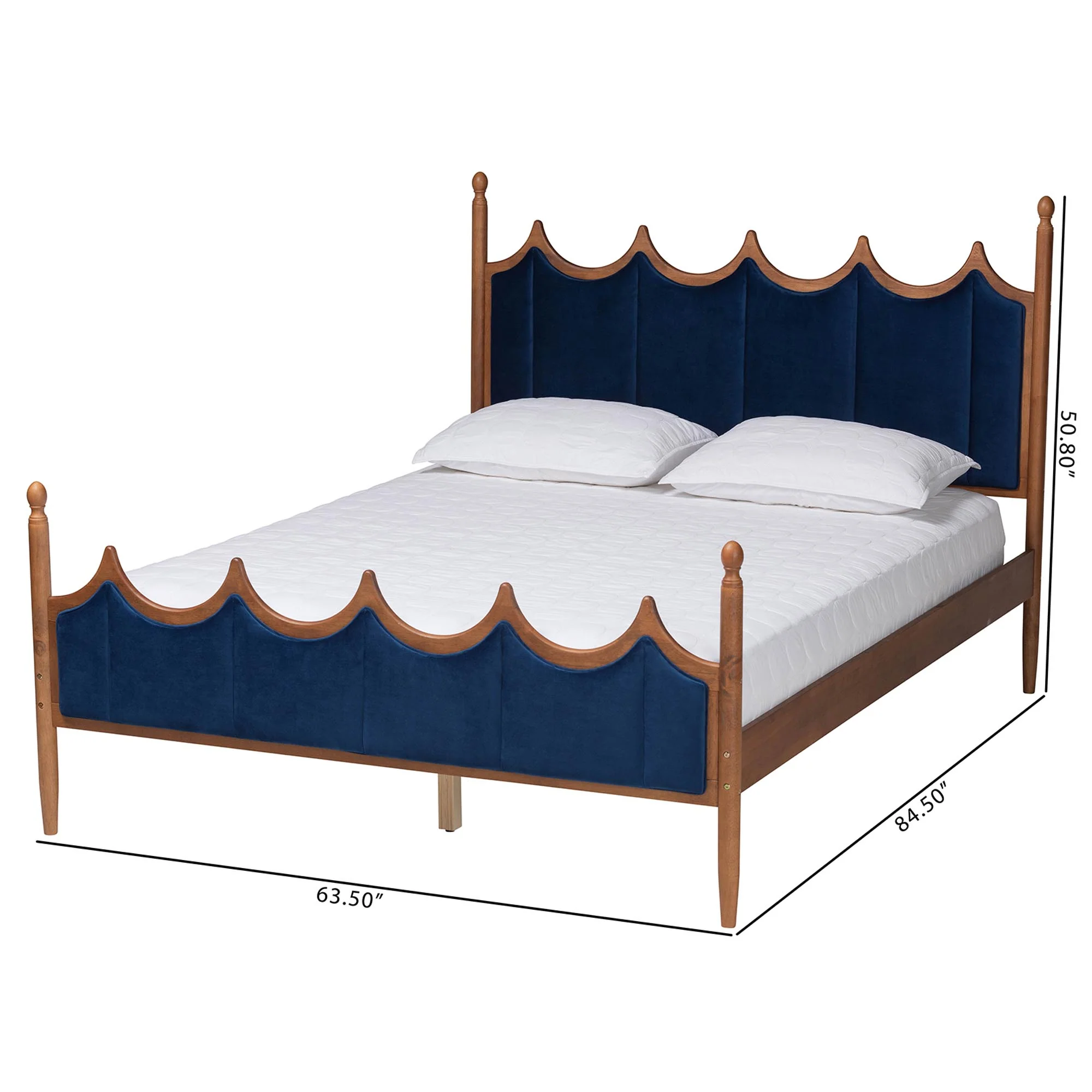 Baxton Studio Calgary Retro-Modern Royal Blue Velvet Fabric and Walnut Brown Wood Queen Size Platform Bed - Image 8