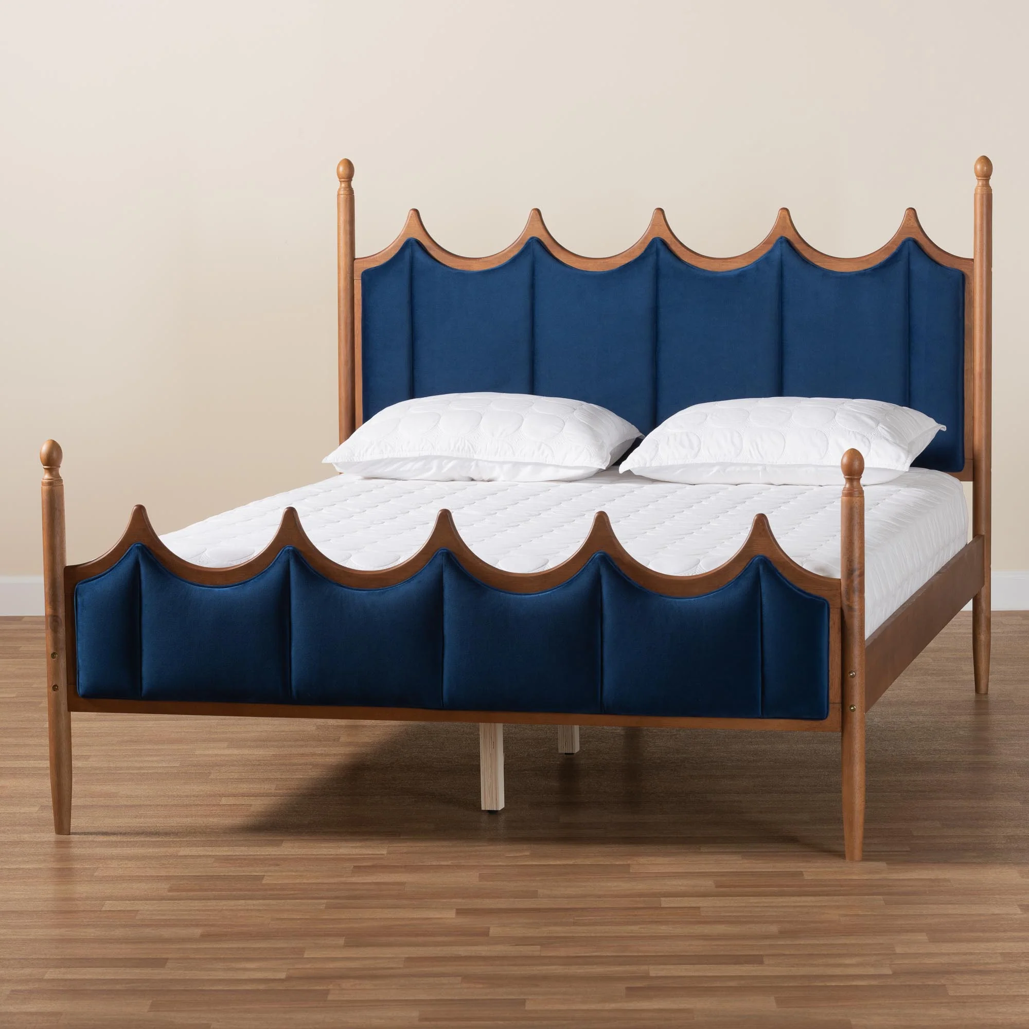 Baxton Studio Calgary Retro-Modern Royal Blue Velvet Fabric and Walnut Brown Wood Queen Size Platform Bed - Image 9