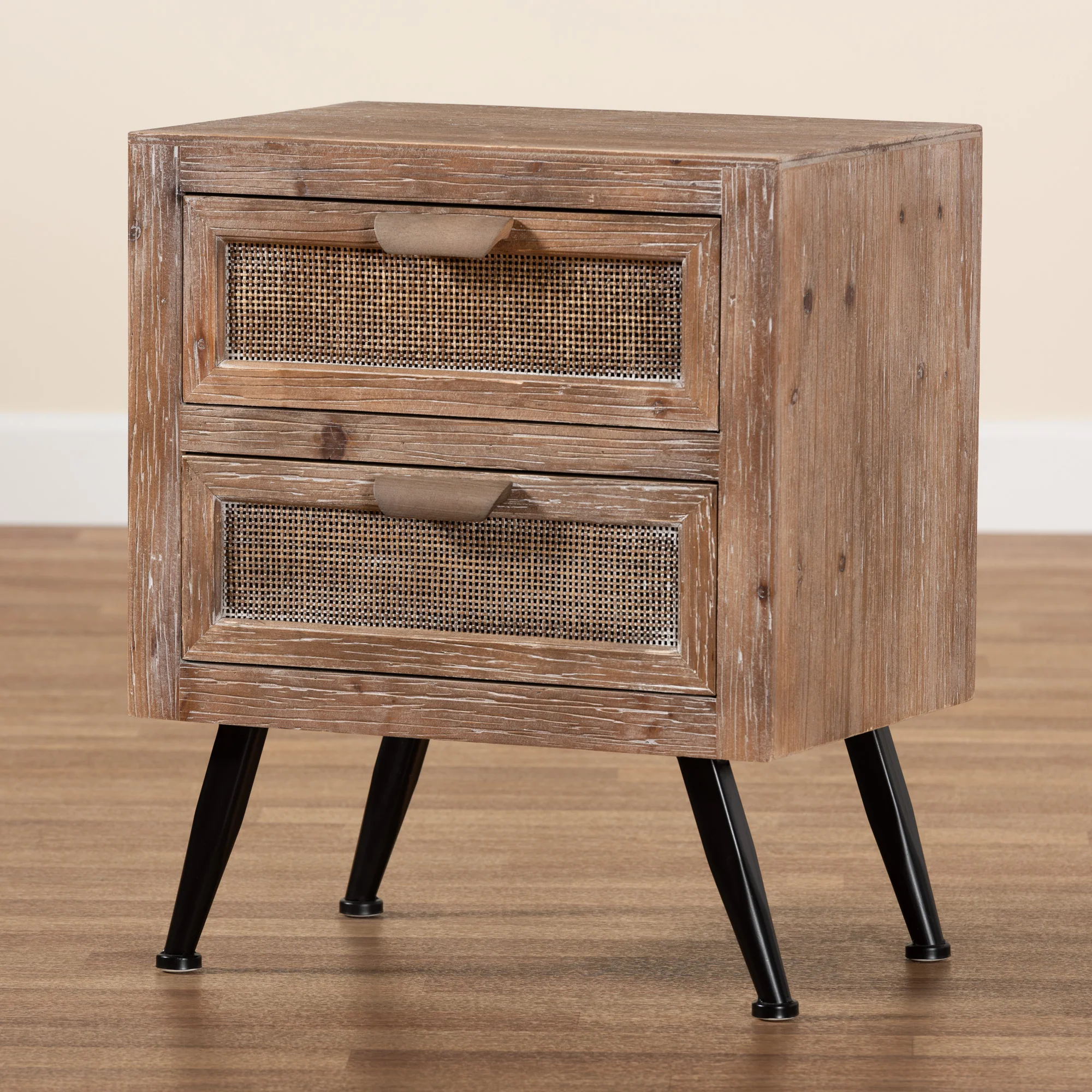 Baxton Studio Calida Mid-Century Modern Whitewashed Natural Brown Finished Wood and Rattan 2-Drawer End Table - Image 2