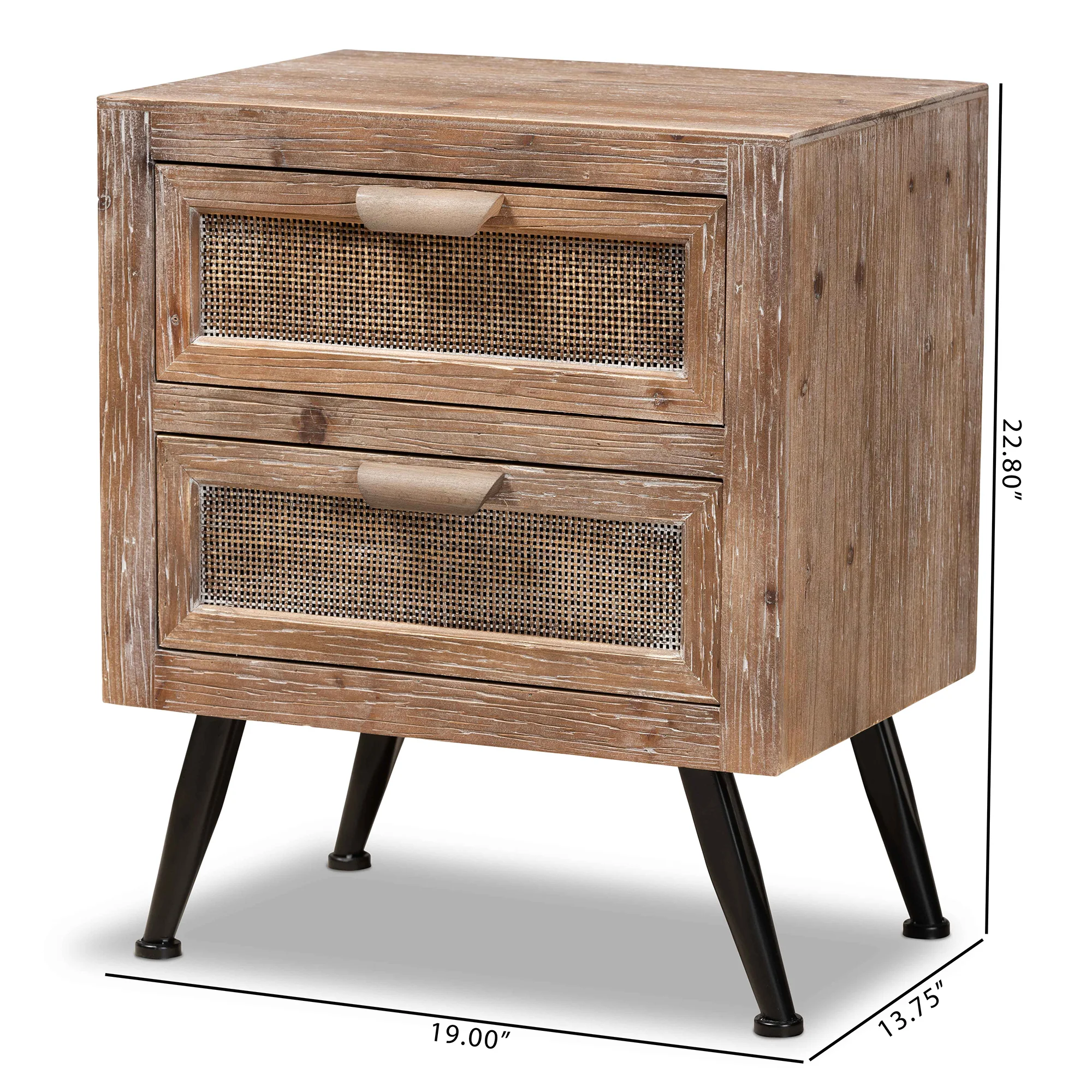 Baxton Studio Calida Mid-Century Modern Whitewashed Natural Brown Finished Wood and Rattan 2-Drawer End Table - Image 3