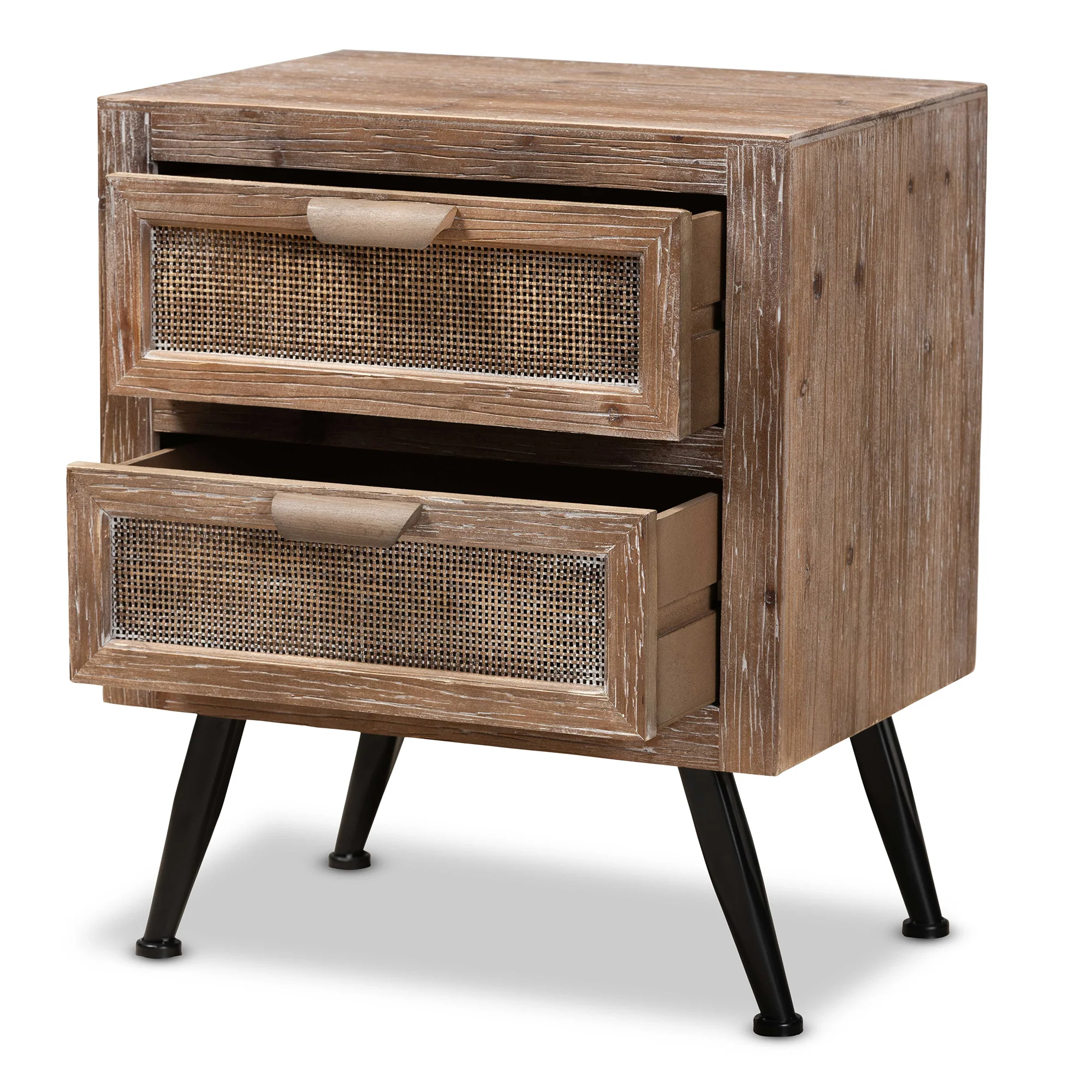 Baxton Studio Calida Mid-Century Modern Whitewashed Natural Brown Finished Wood and Rattan 2-Drawer End Table - Image 5