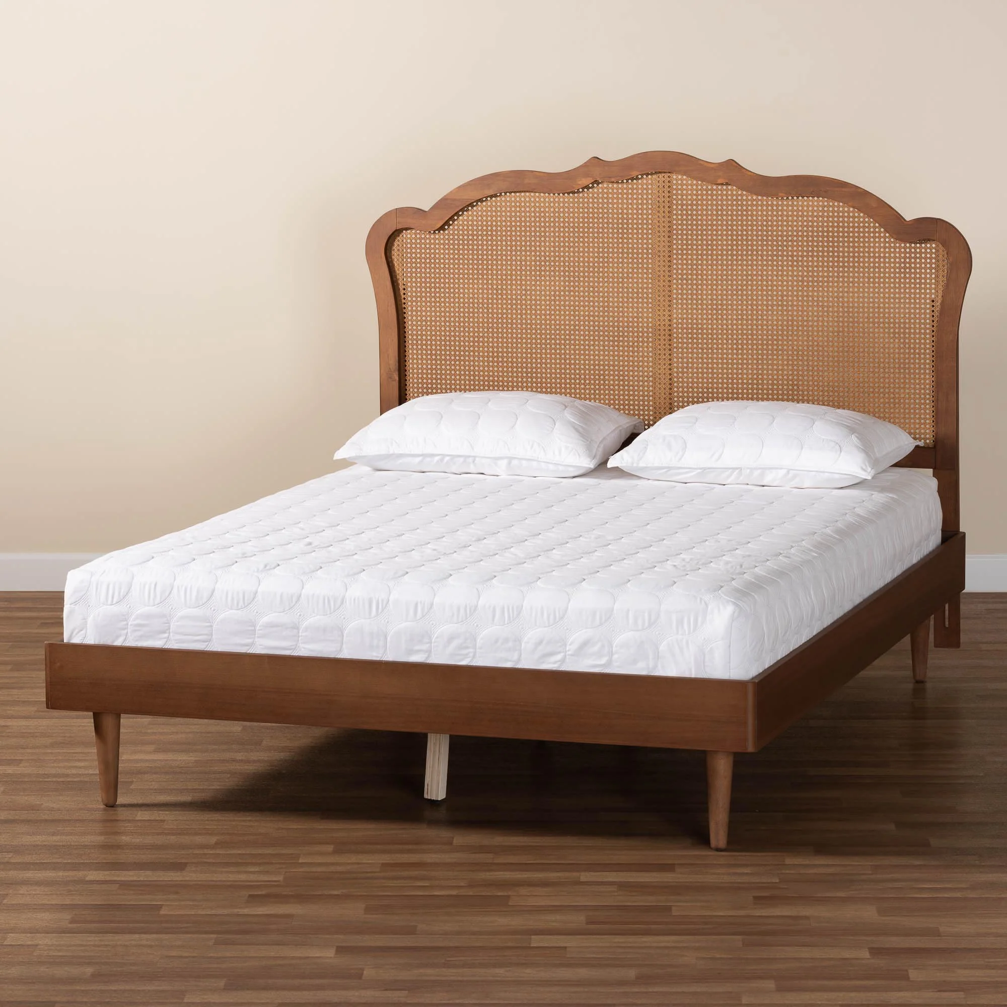 Baxton Studio Camden Mid-Century Walnut Brown Wood and Rattan Queen Size Platform Bed - Image 2